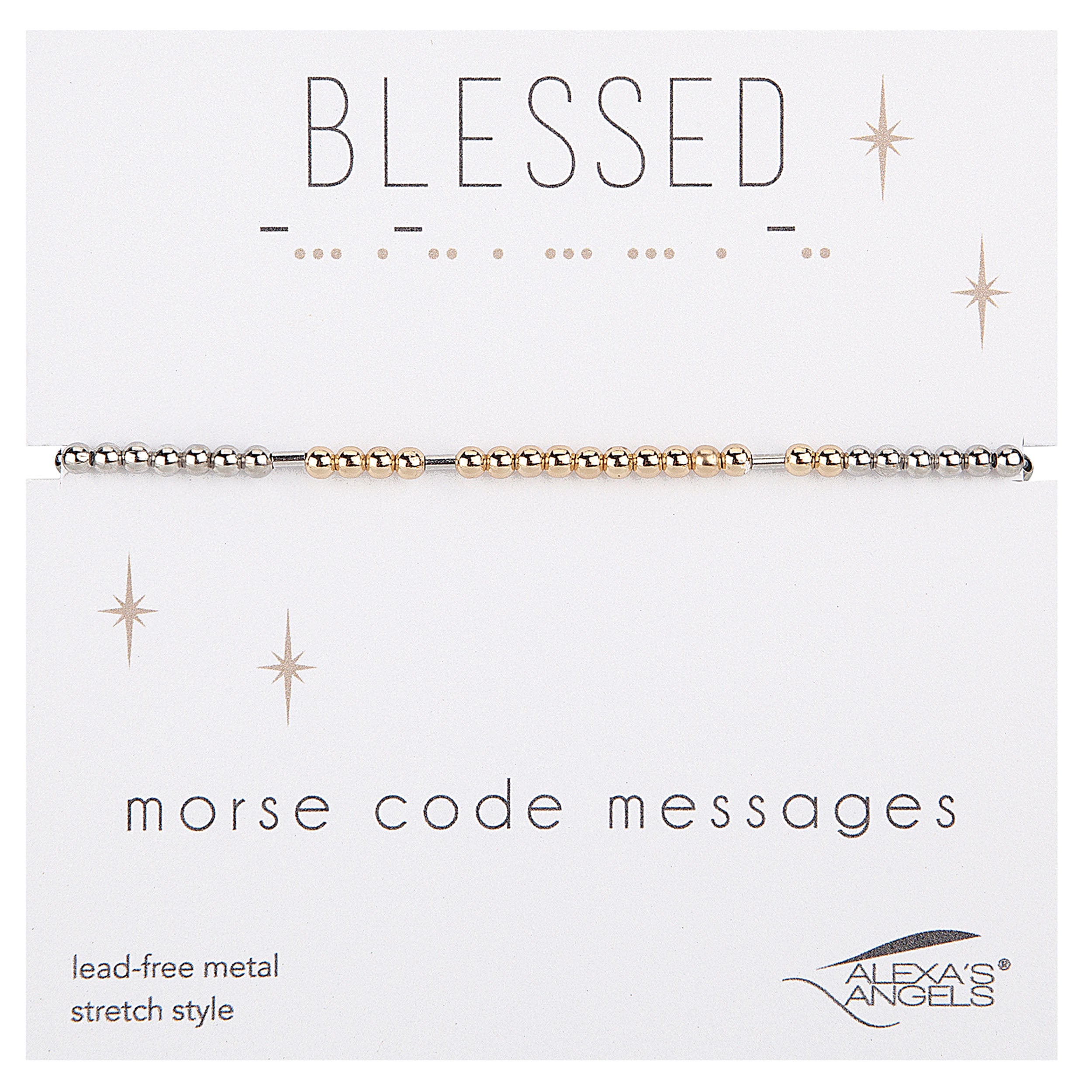 metallic bracelet on a white card with 'Blessed' and 'morse code messages' text, featuring Alexas Angels logo.