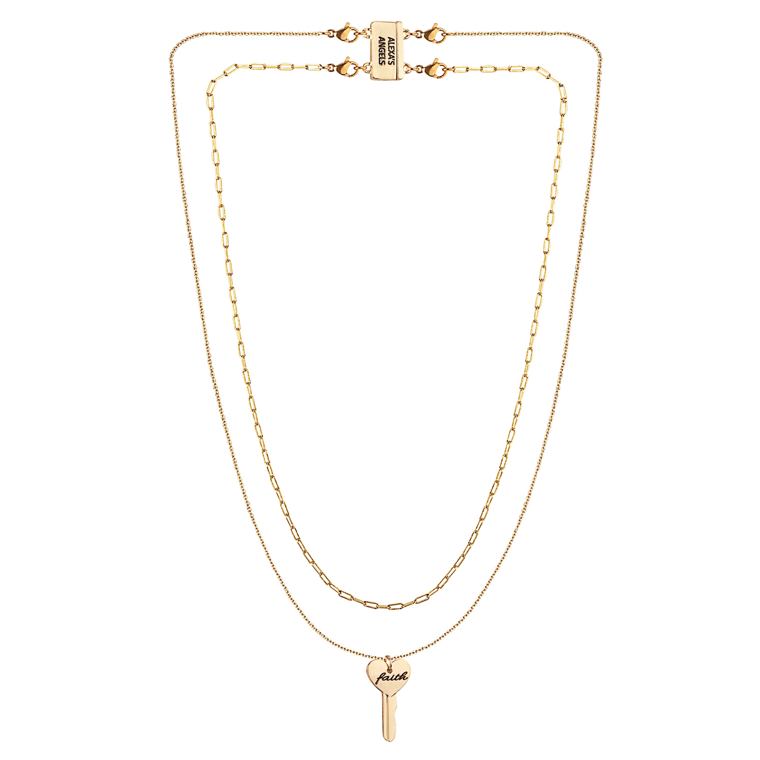 Gold necklace with a key-shaped pendant on a white background