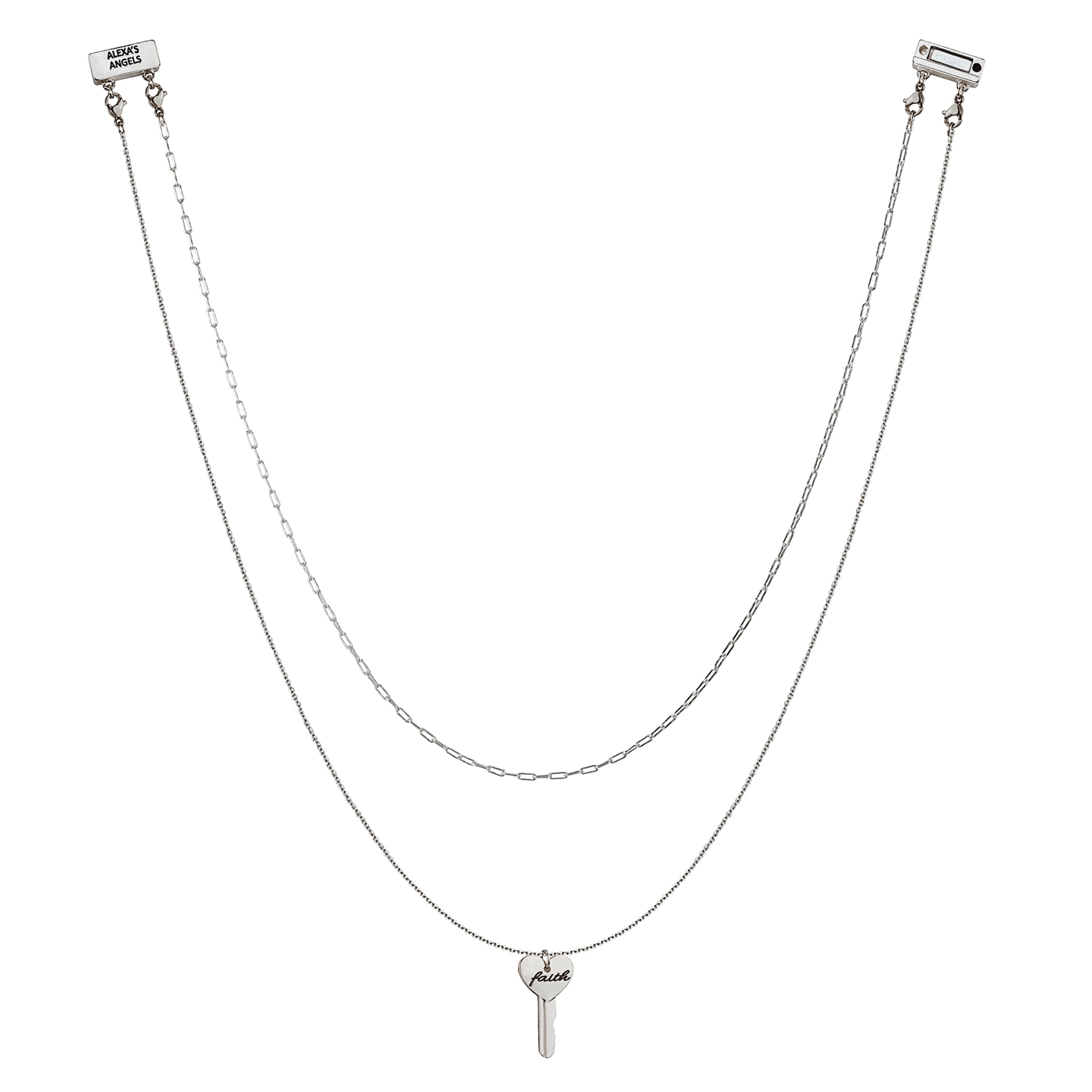 Silver necklace with a 'faith' pendant on a white background