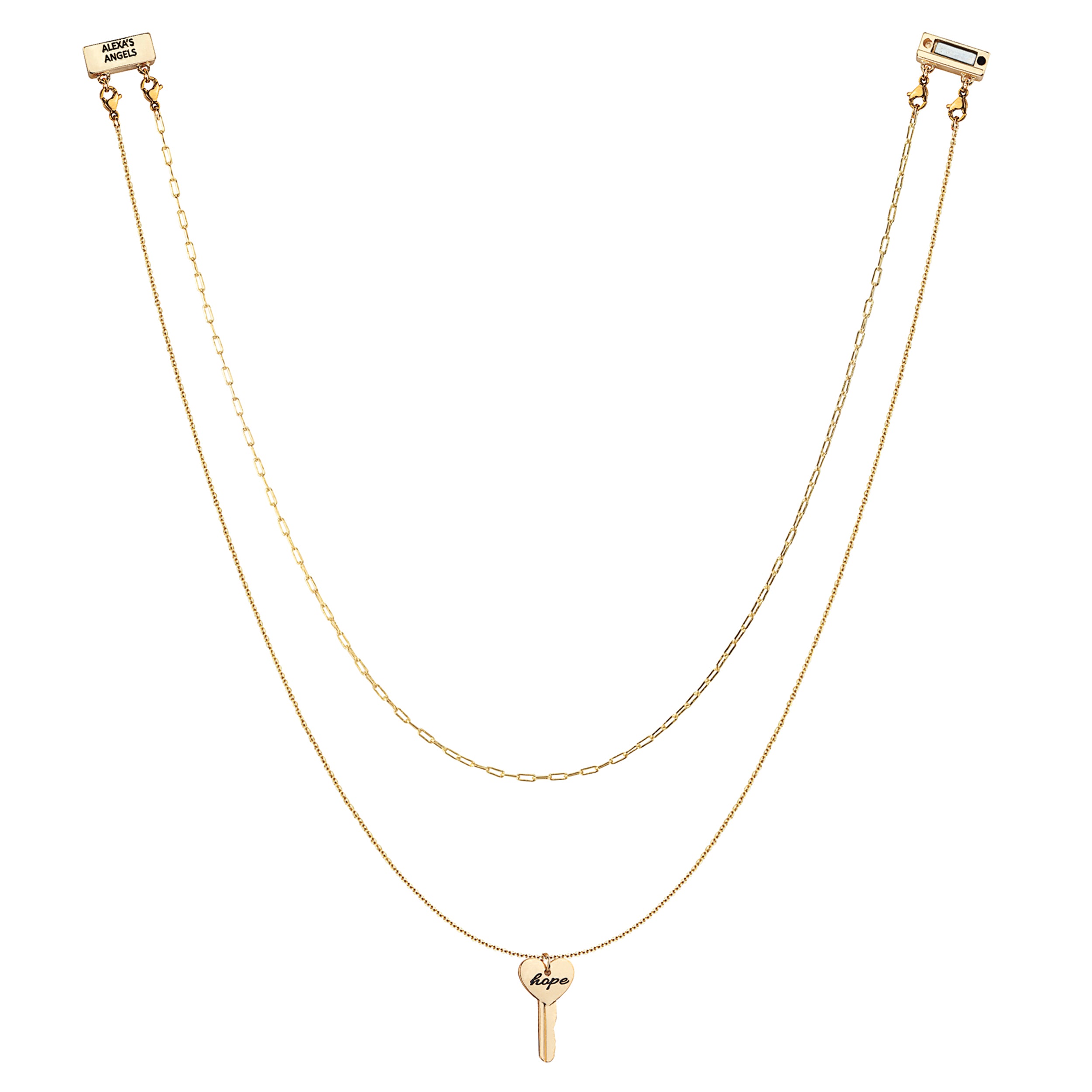 Gold necklace with key pendant on a white background