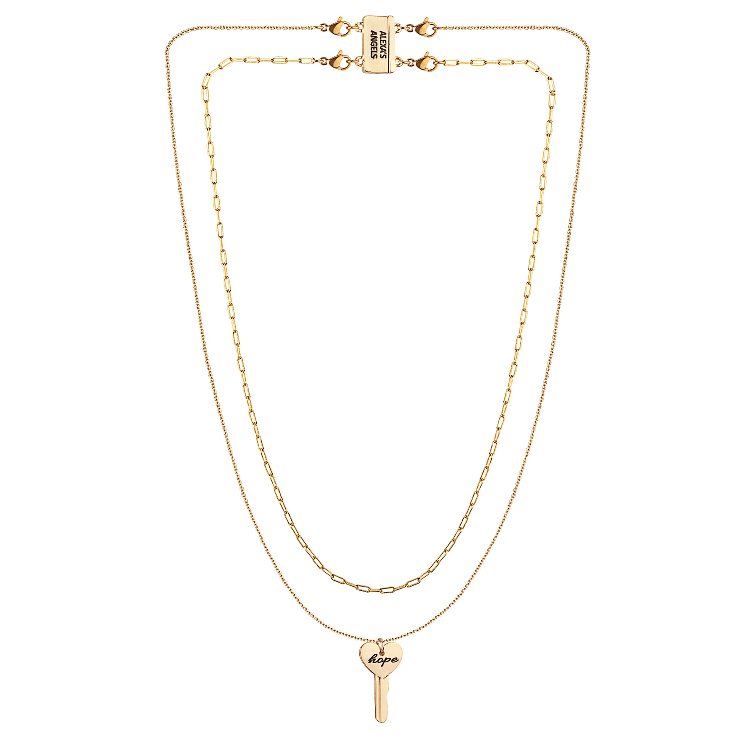 Gold necklace with a key-shaped pendant on a white background