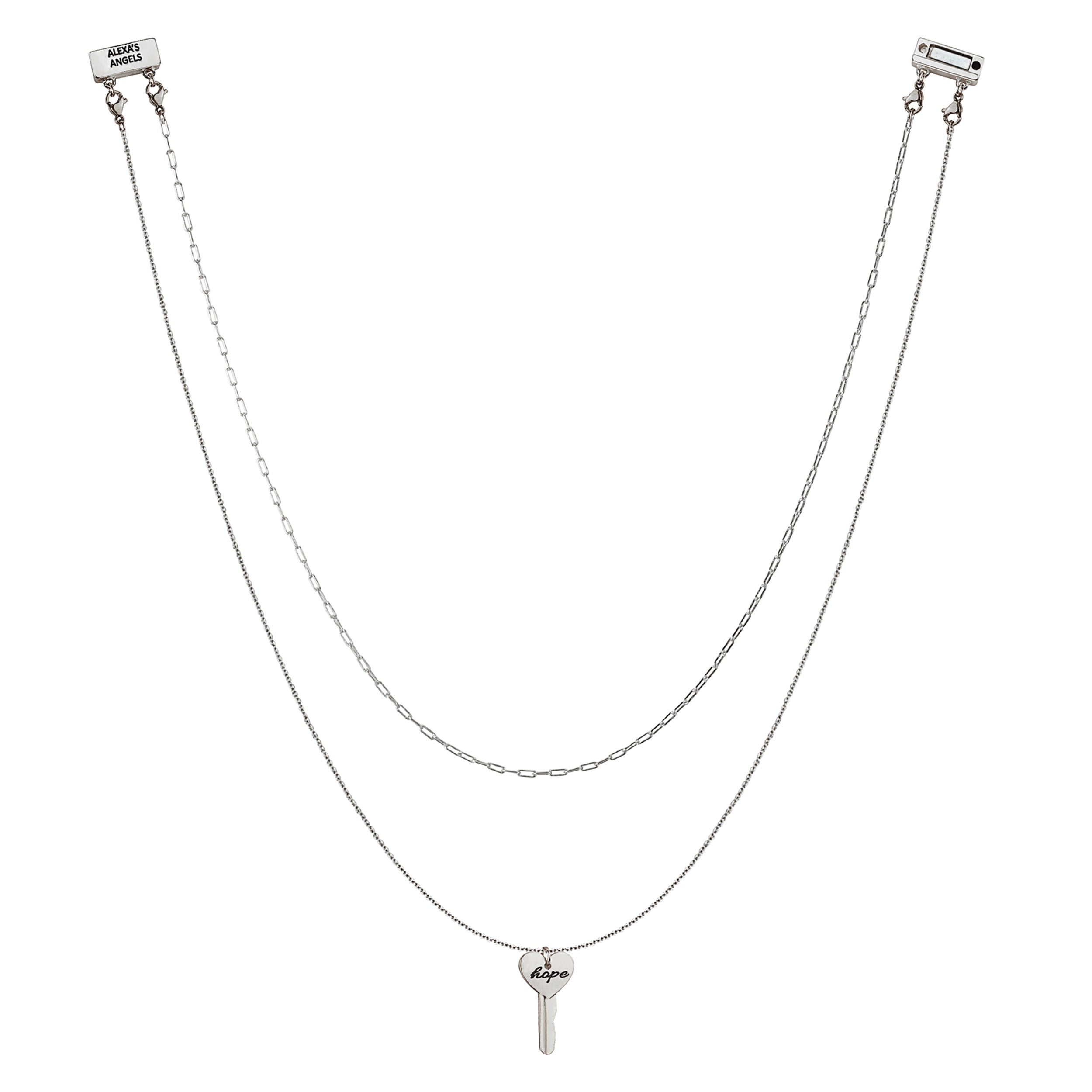Silver necklace with a key-shaped pendant on a white background