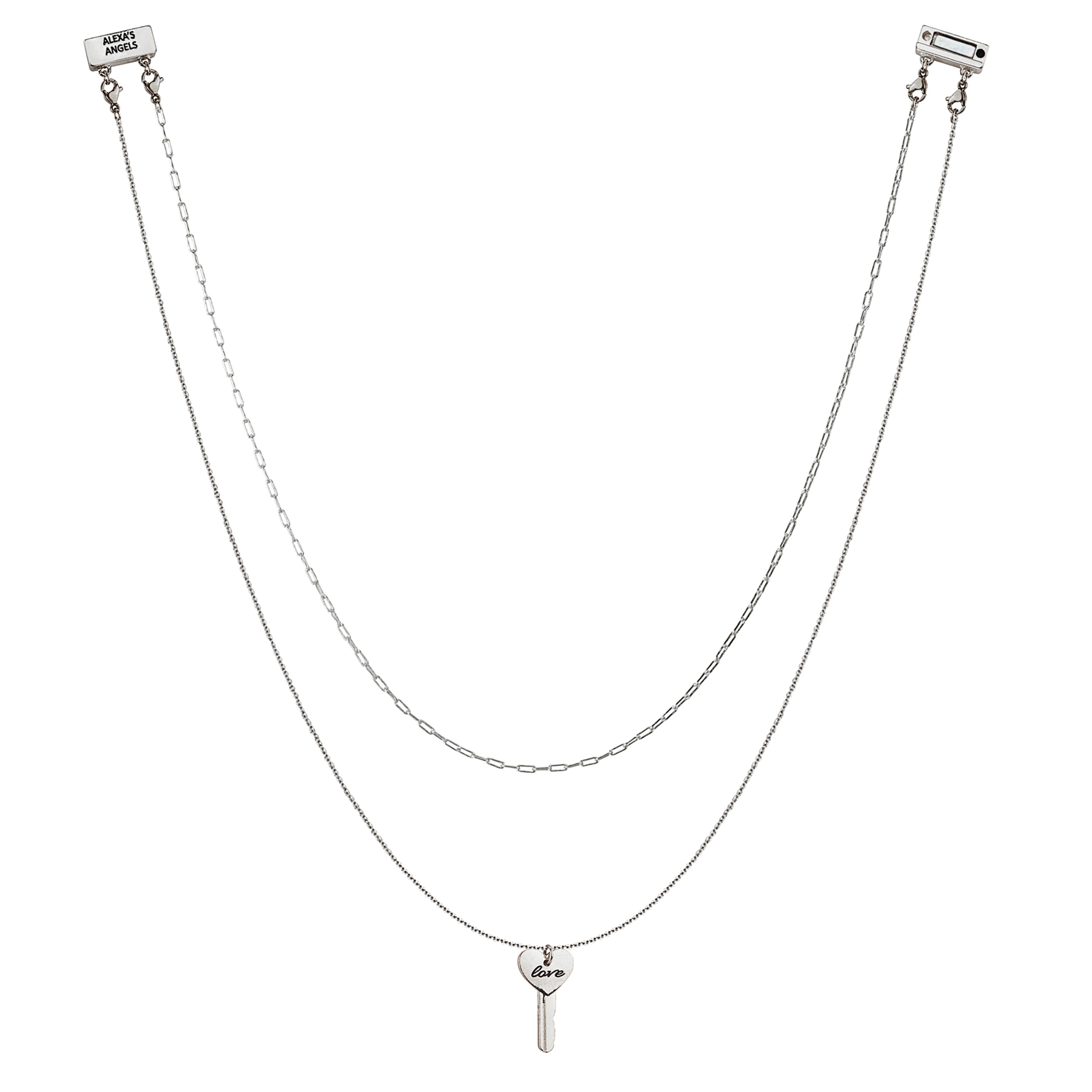 Silver necklace with key pendant on a white background