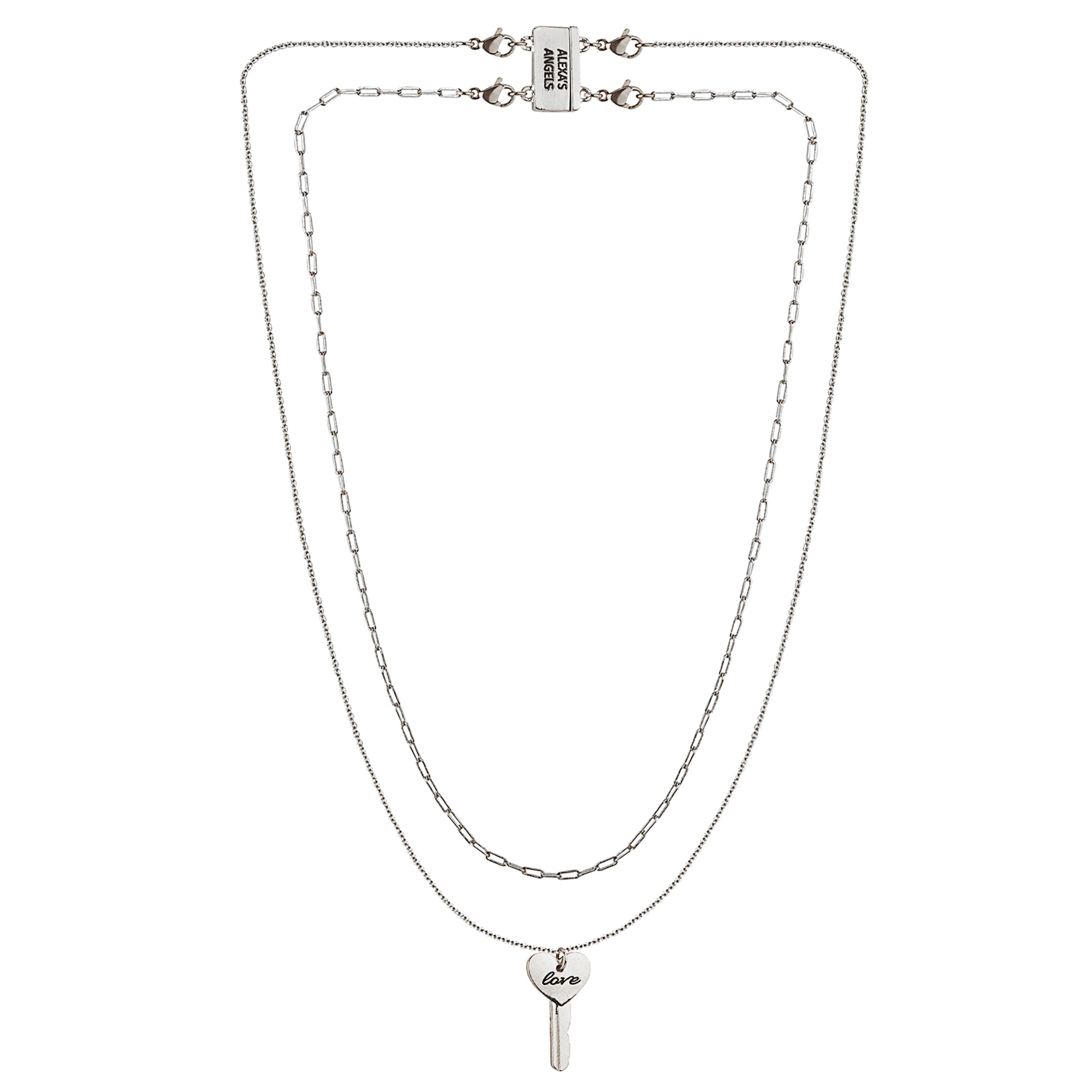 Silver necklace with a heart-shaped pendant on a white background