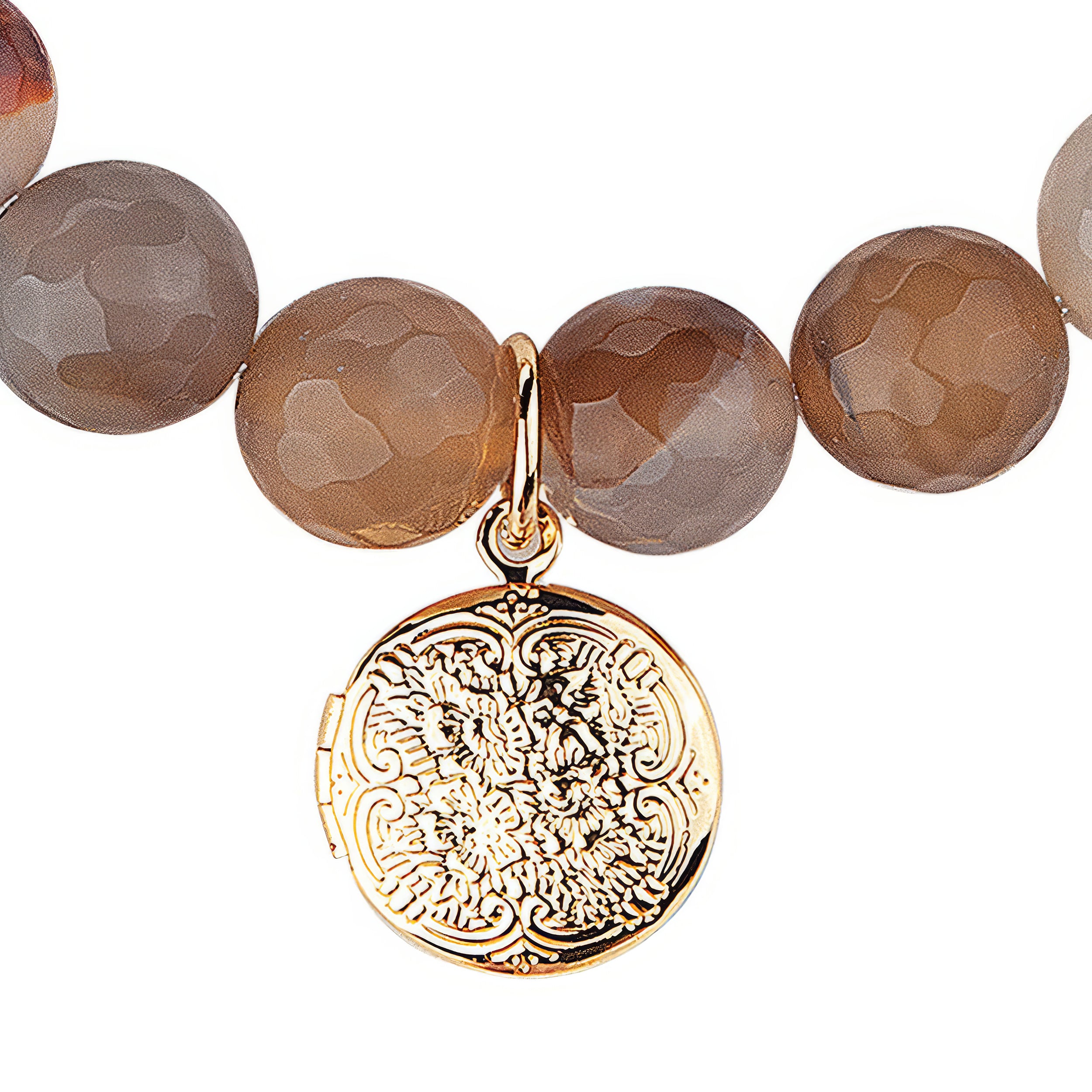 Bracelet with brown beads and a gold pendant on a white background