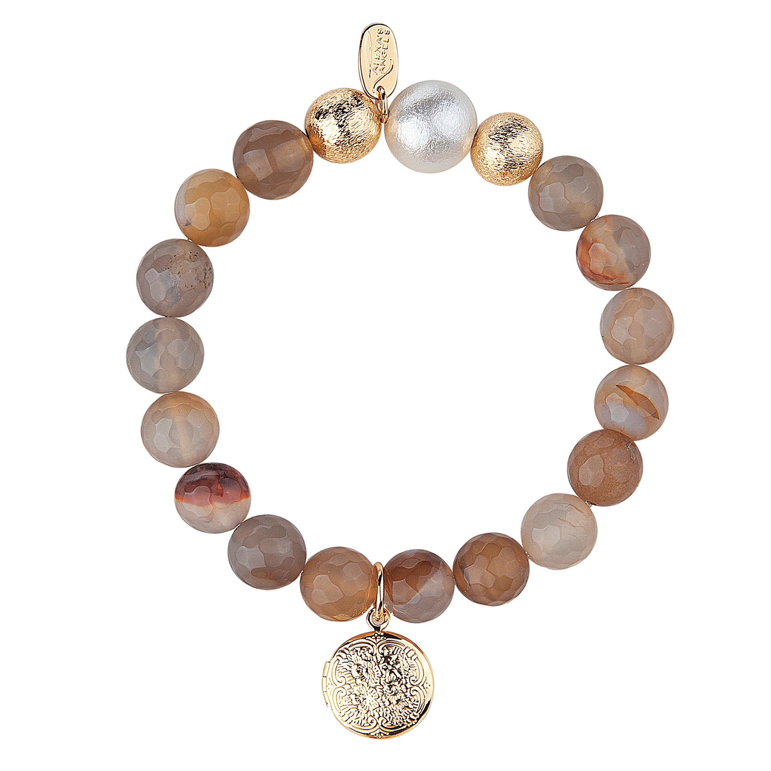 Bracelet with multicolored beads and gold charms on a white background