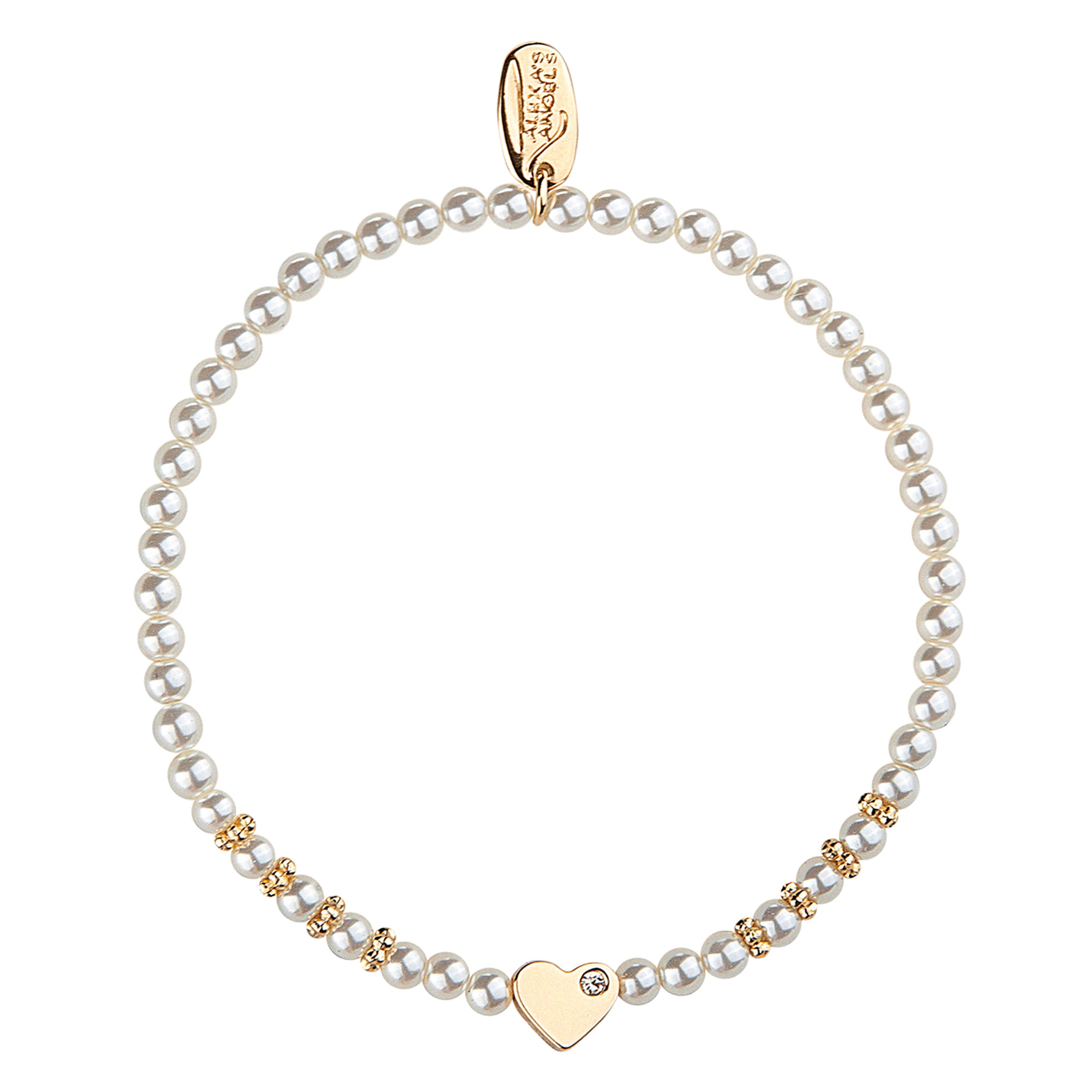 Pearl bracelet with gold accents and a heart charm on a white background