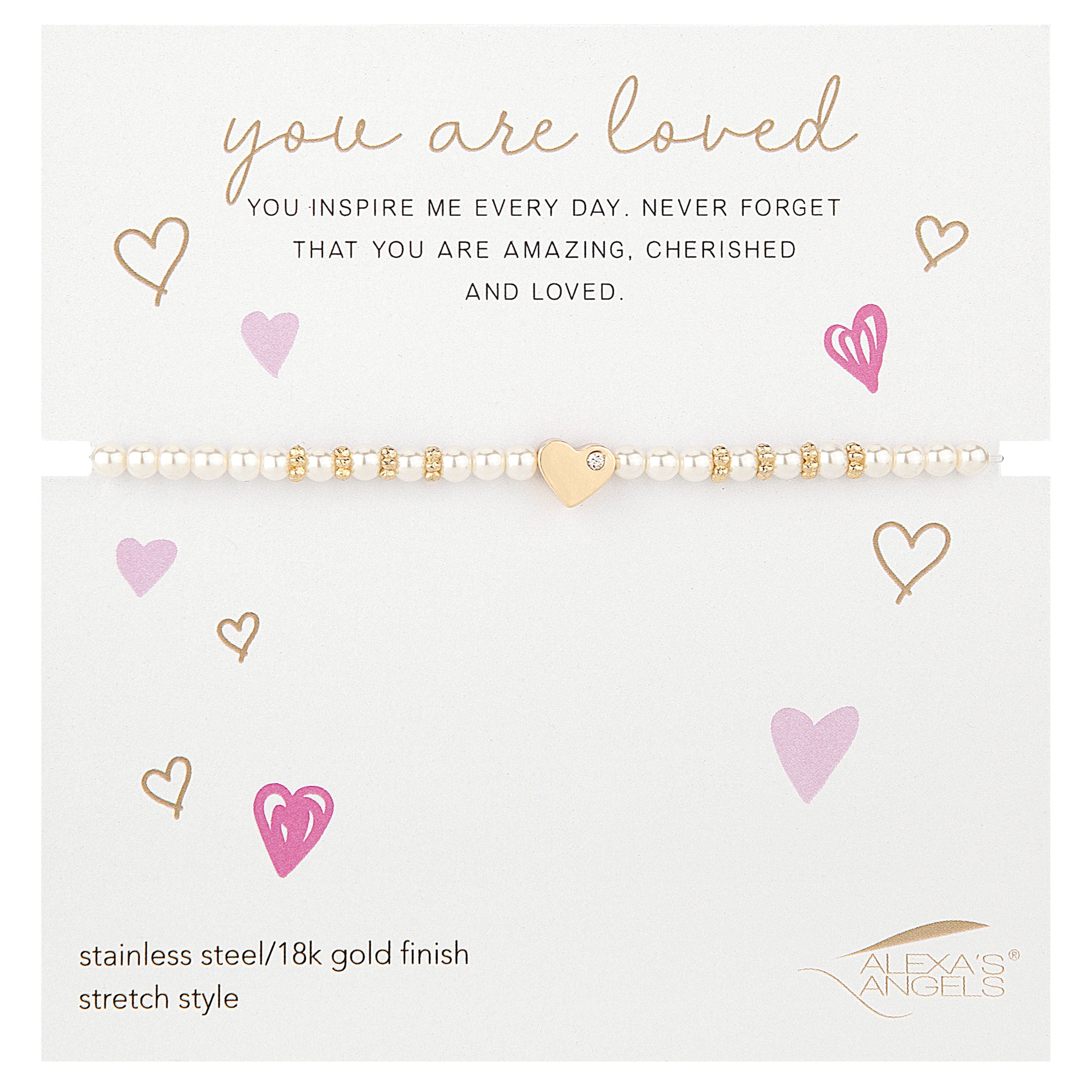 Bracelet with heart and star charms on a card with motivational message and Alexa's Angels branding.