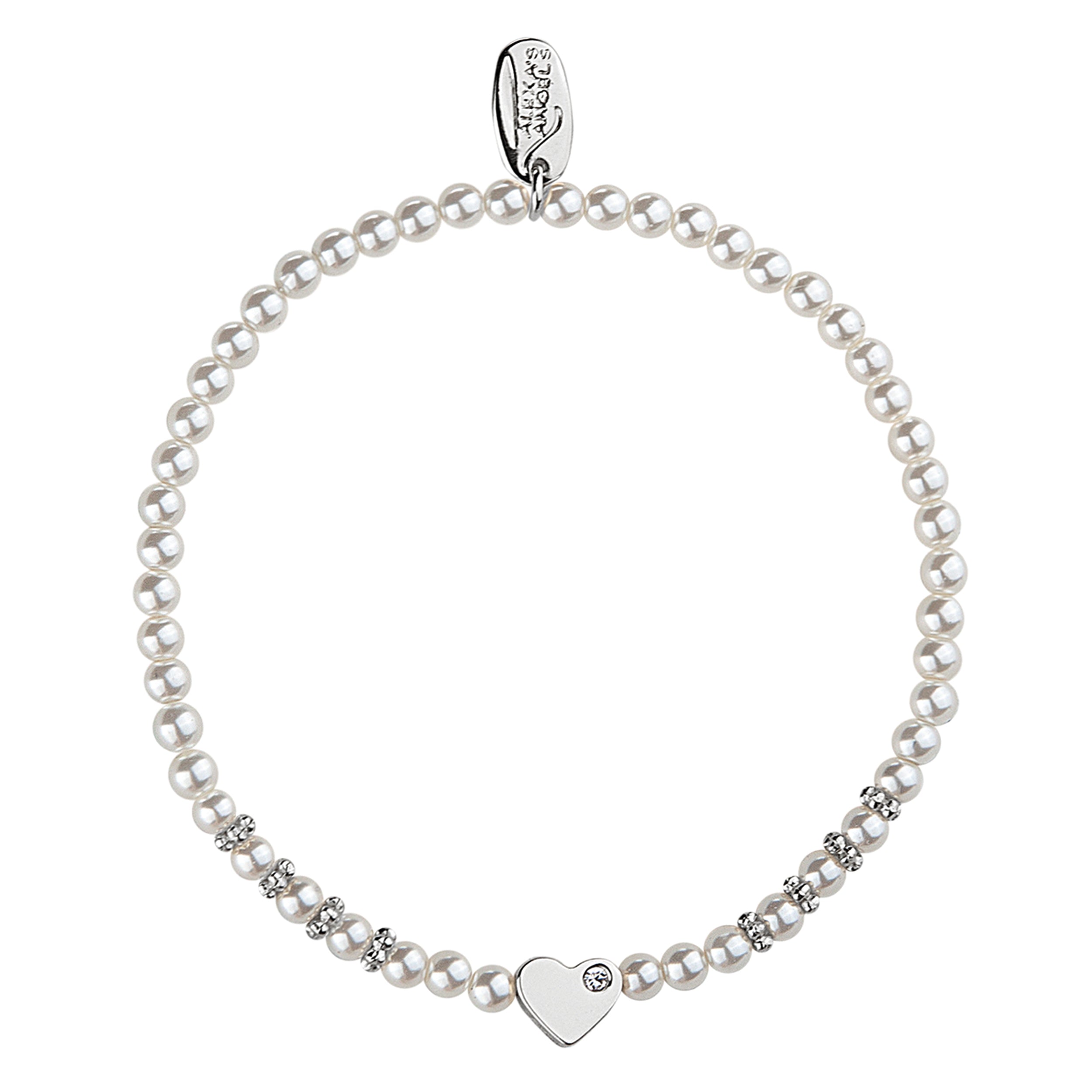 Pearl bracelet with a heart-shaped charm on a white background
