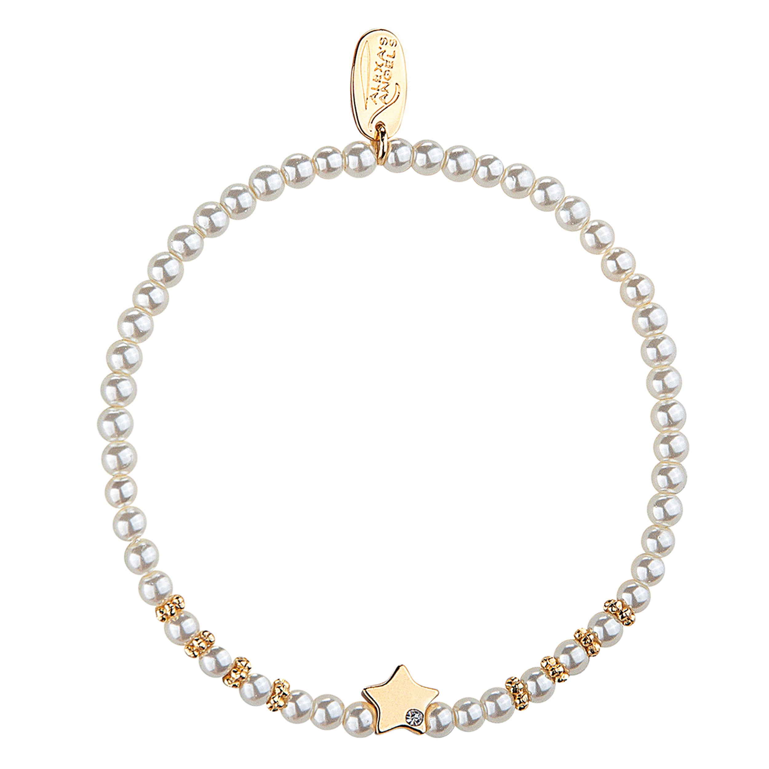 Pearl bracelet with gold accents and a star charm on a white background