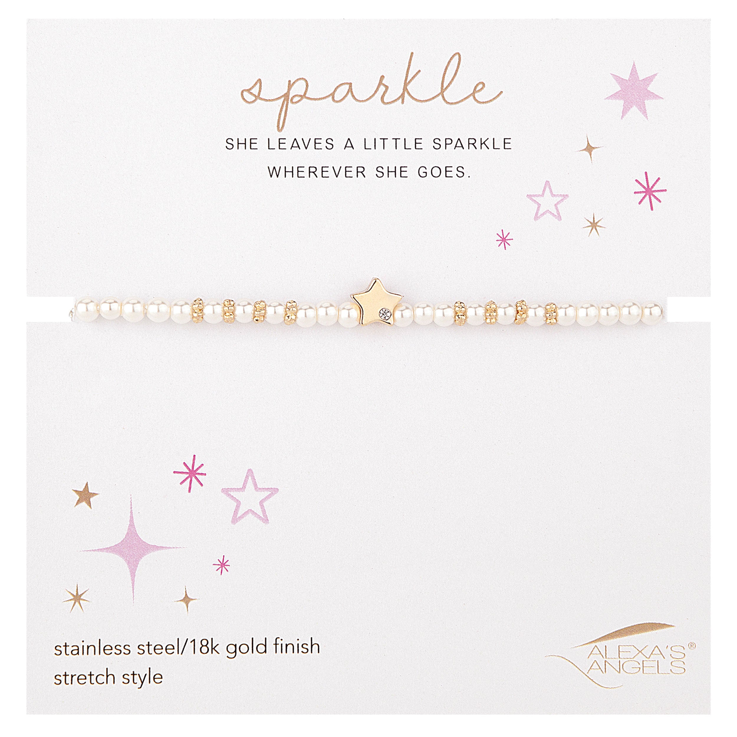 Bracelet with star and pearl design on a white background with decorative stars.