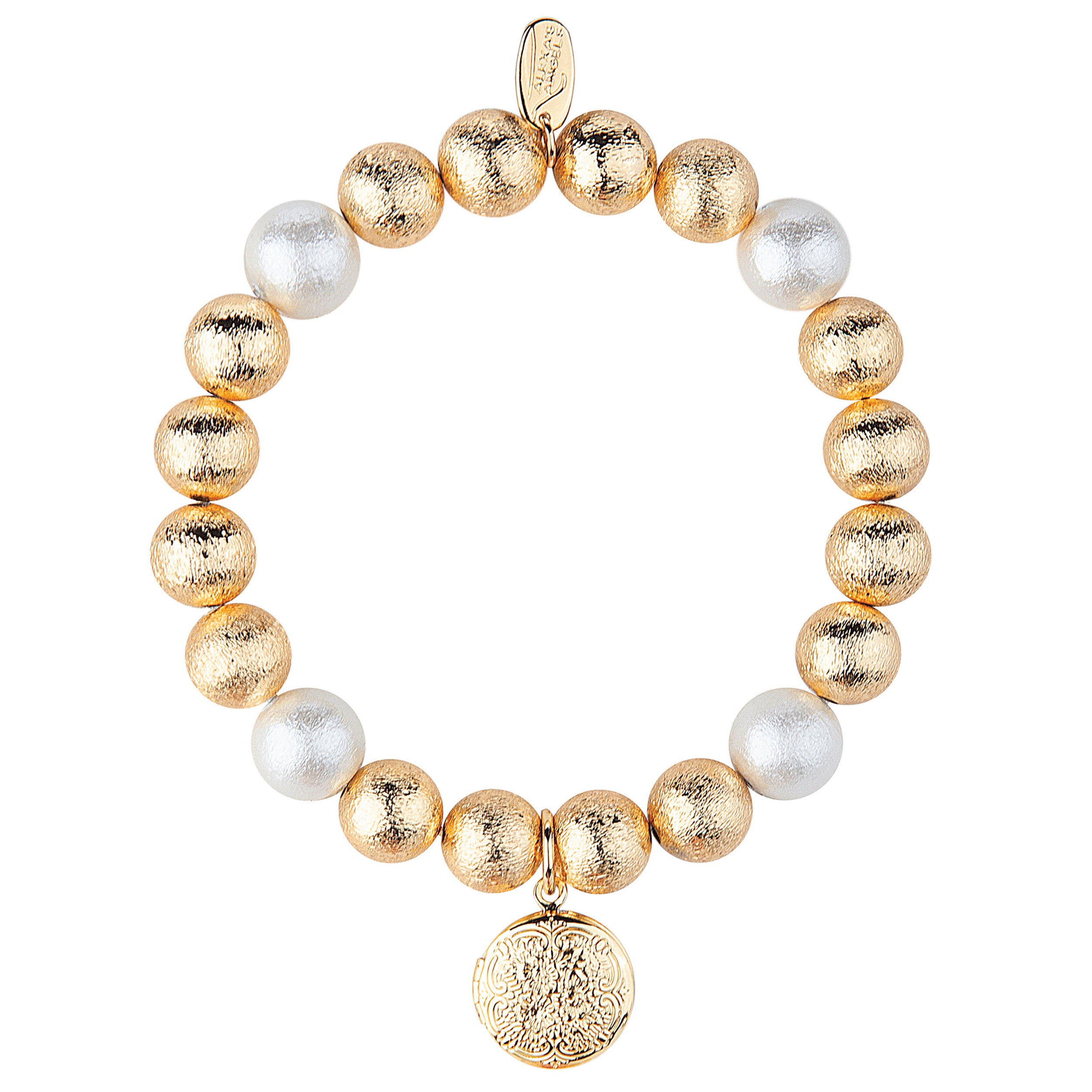 Bracelet with gold and white beads on a white background