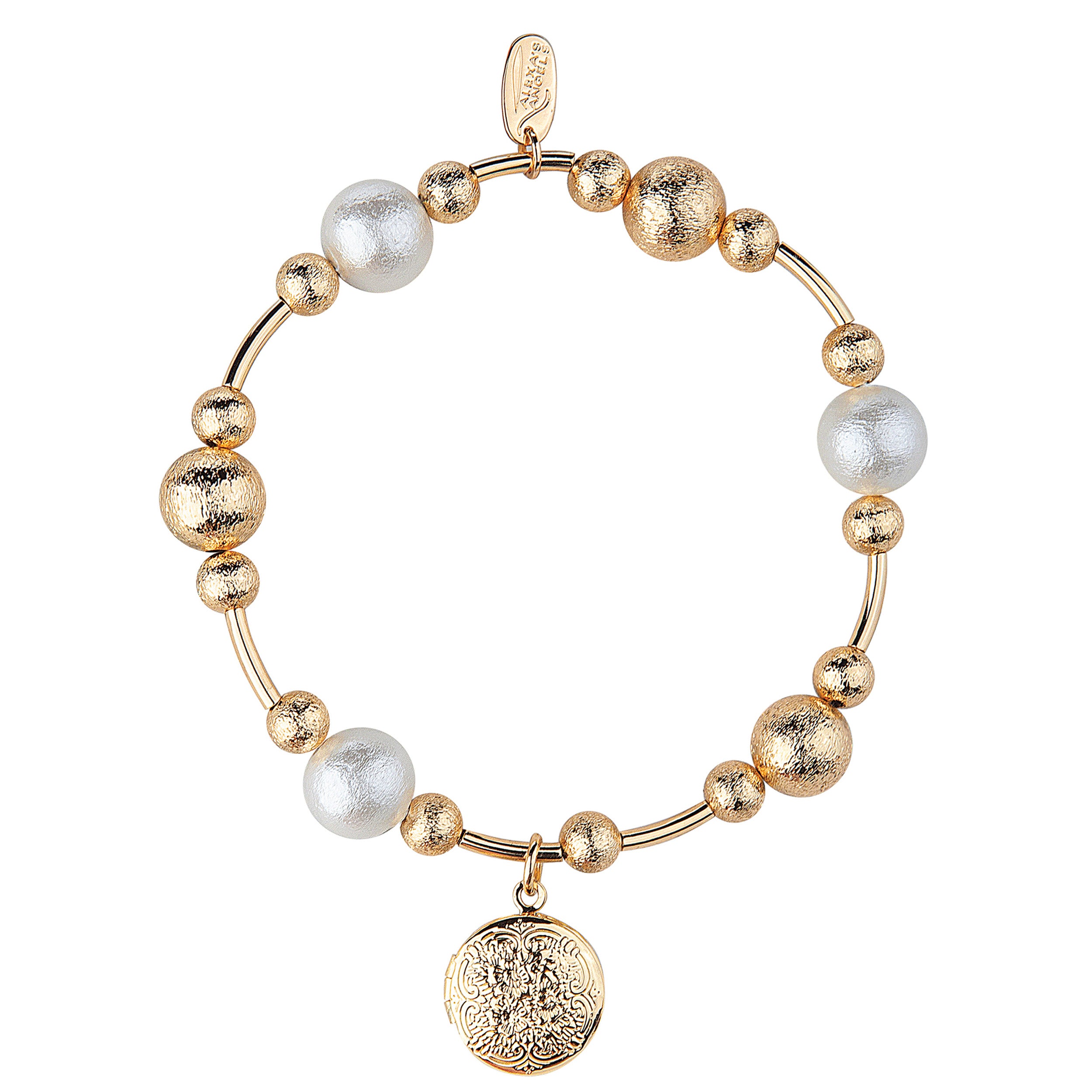 Gold and pearl bracelet on a white background