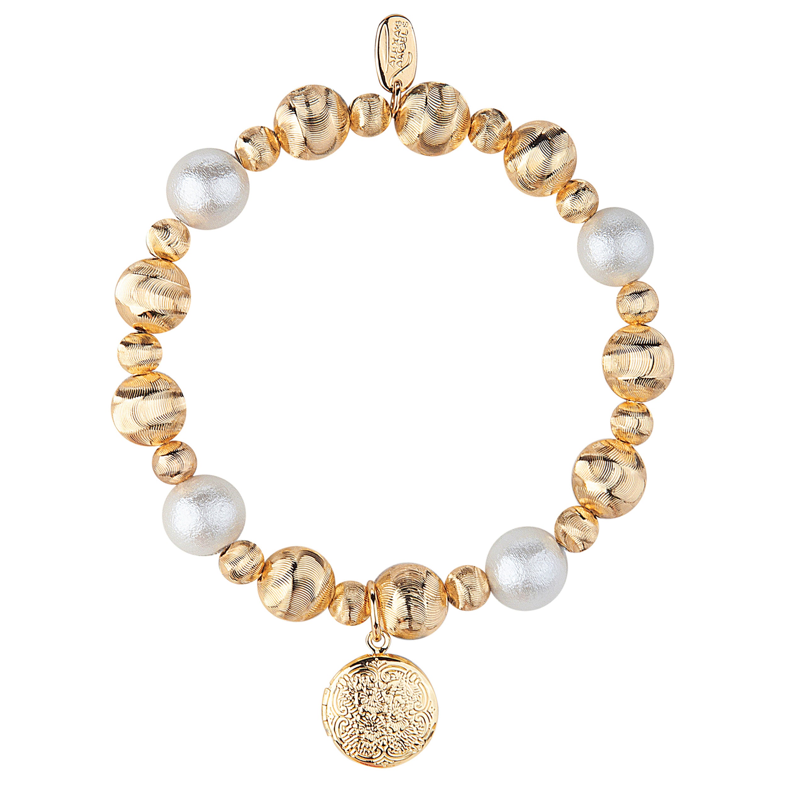 Bracelet with gold and white beads on a white background