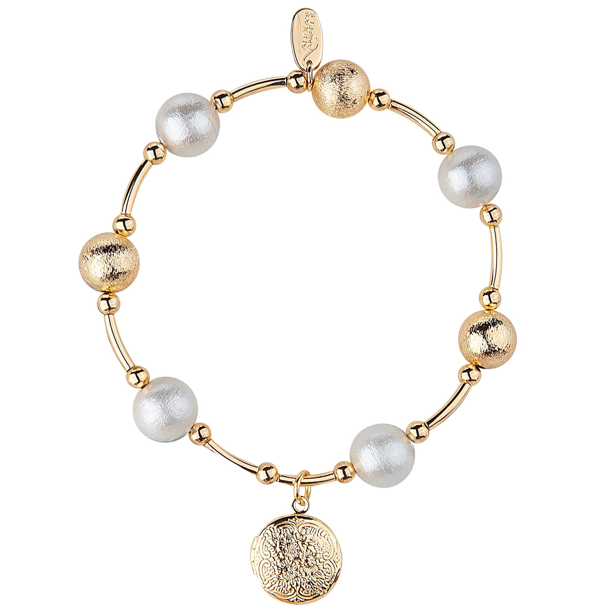 Gold and pearl bracelet on a white background