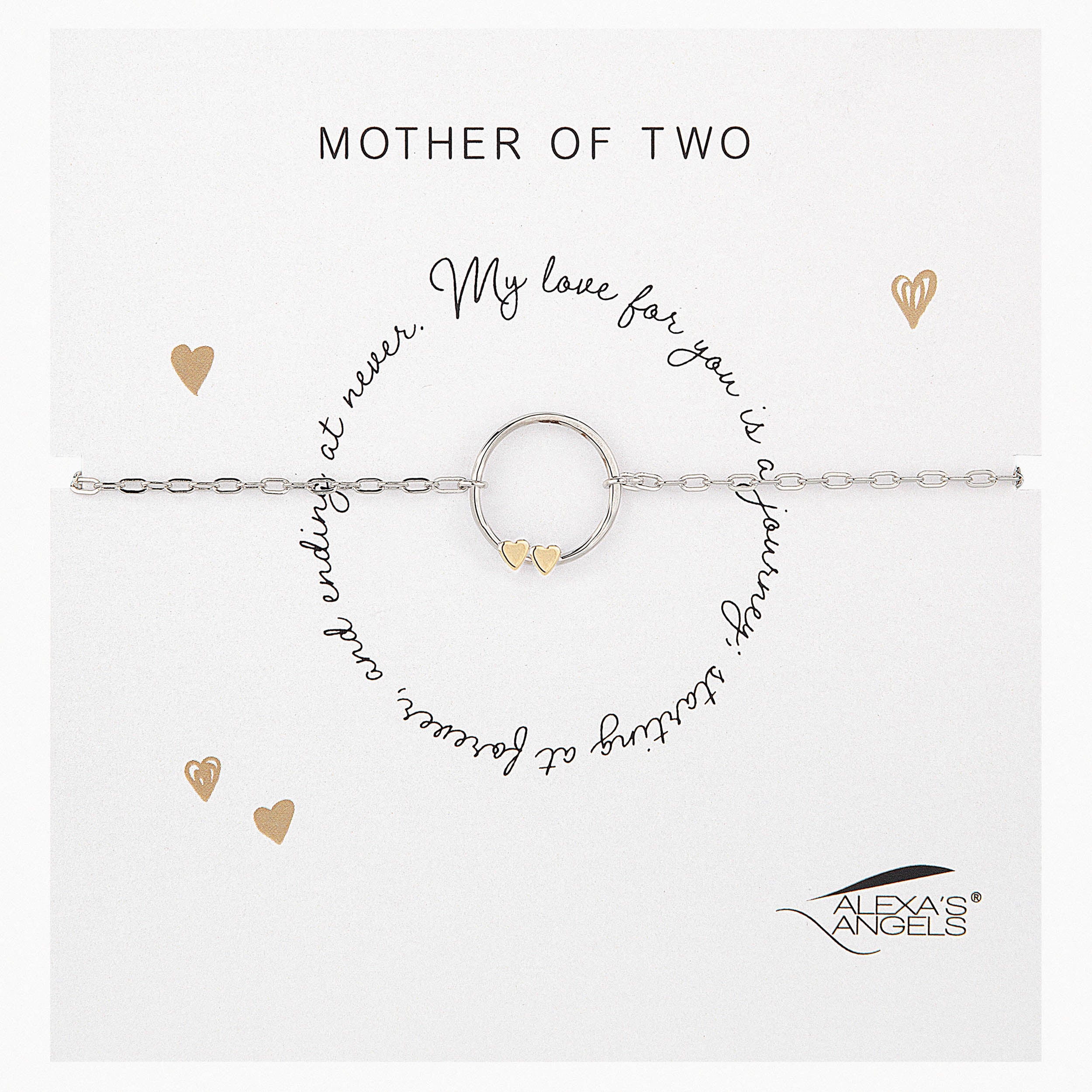 Silver bracelet with gold hearts and engraved text on a white background, featuring the brand 'Alexa's Angels'.