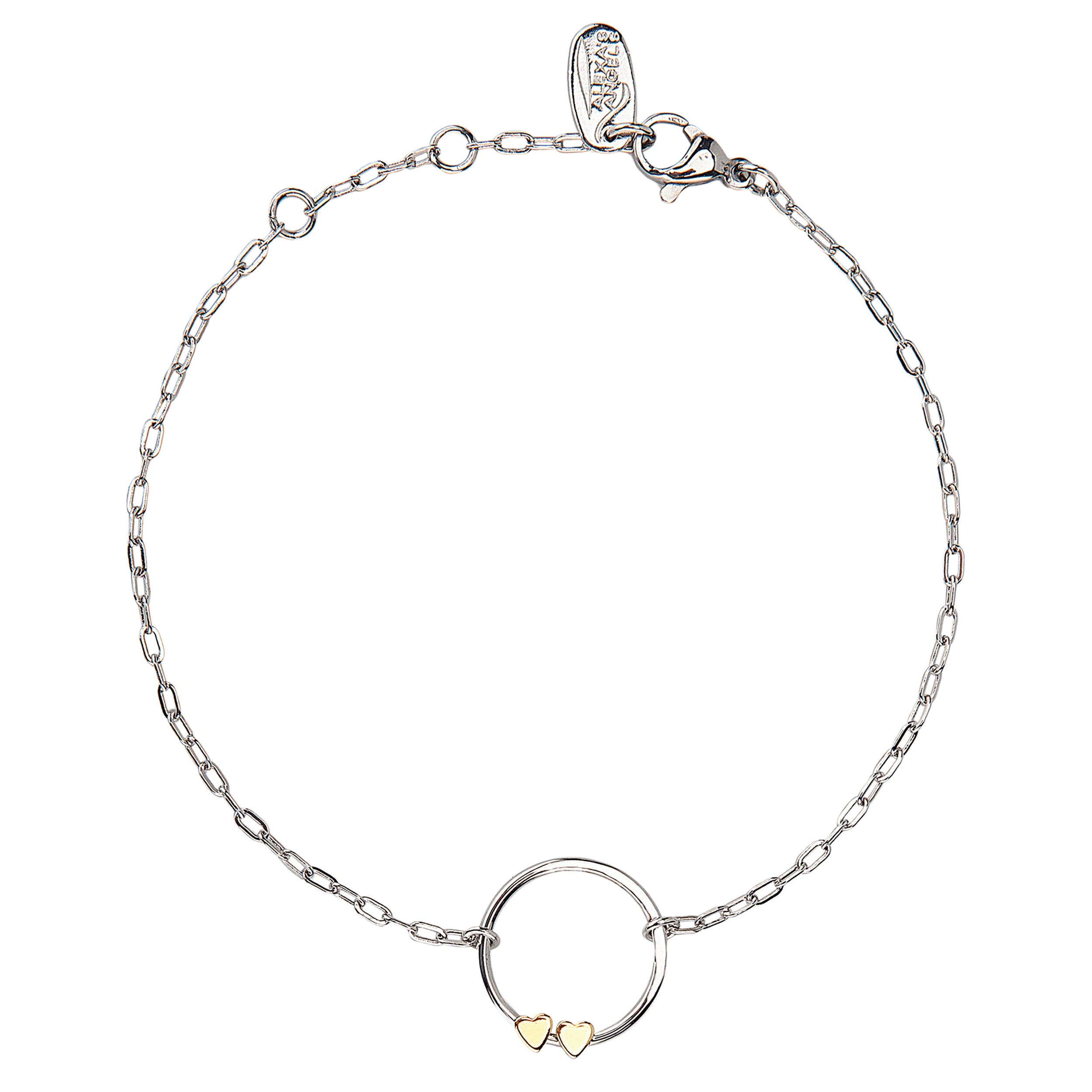 Silver bracelet with a heart charm on a white background
