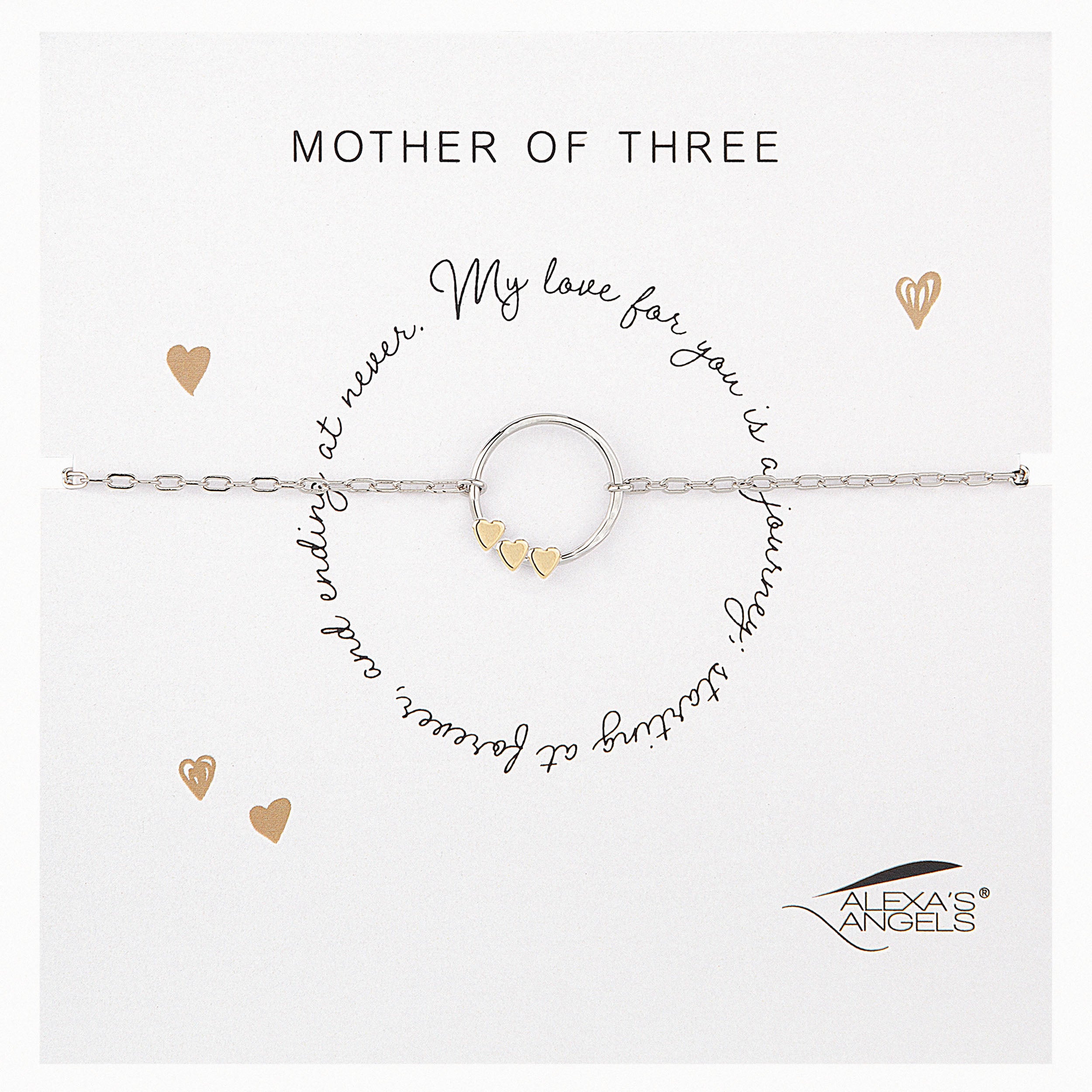 Silver bracelet with heart charms on a white background with text and brand name.