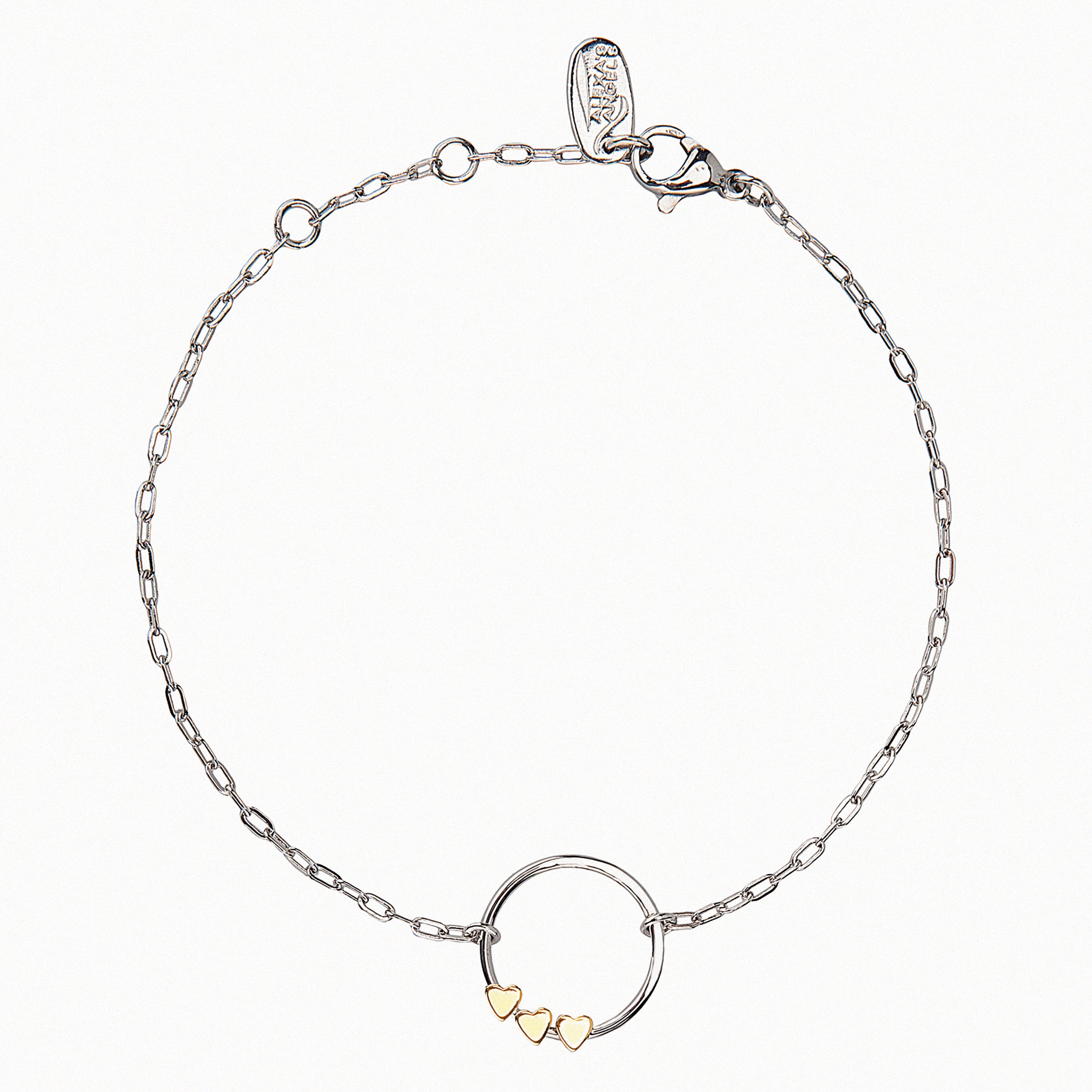 Silver bracelet with heart charms on a white background