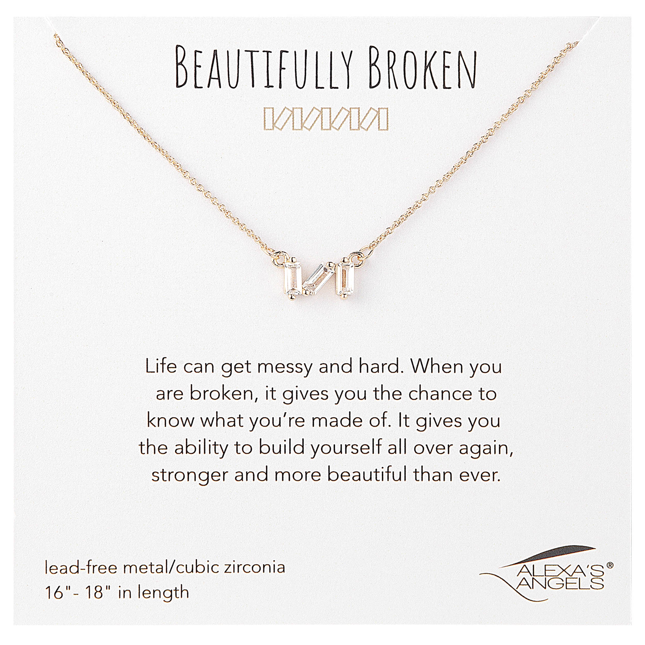 Gold necklace with interlocking rings on a white background with text and brand logo.