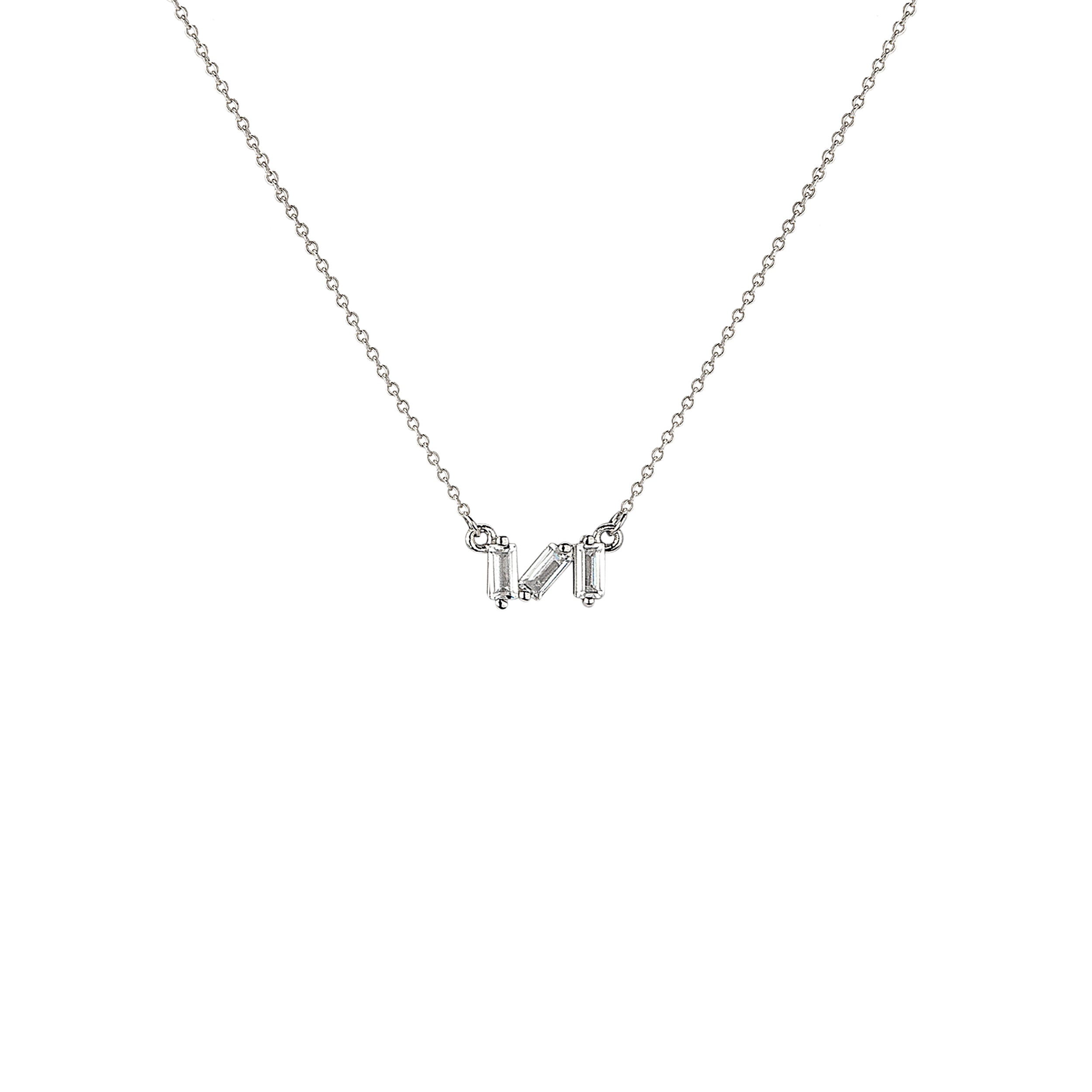 Silver necklace with two rectangular gemstones on a white background
