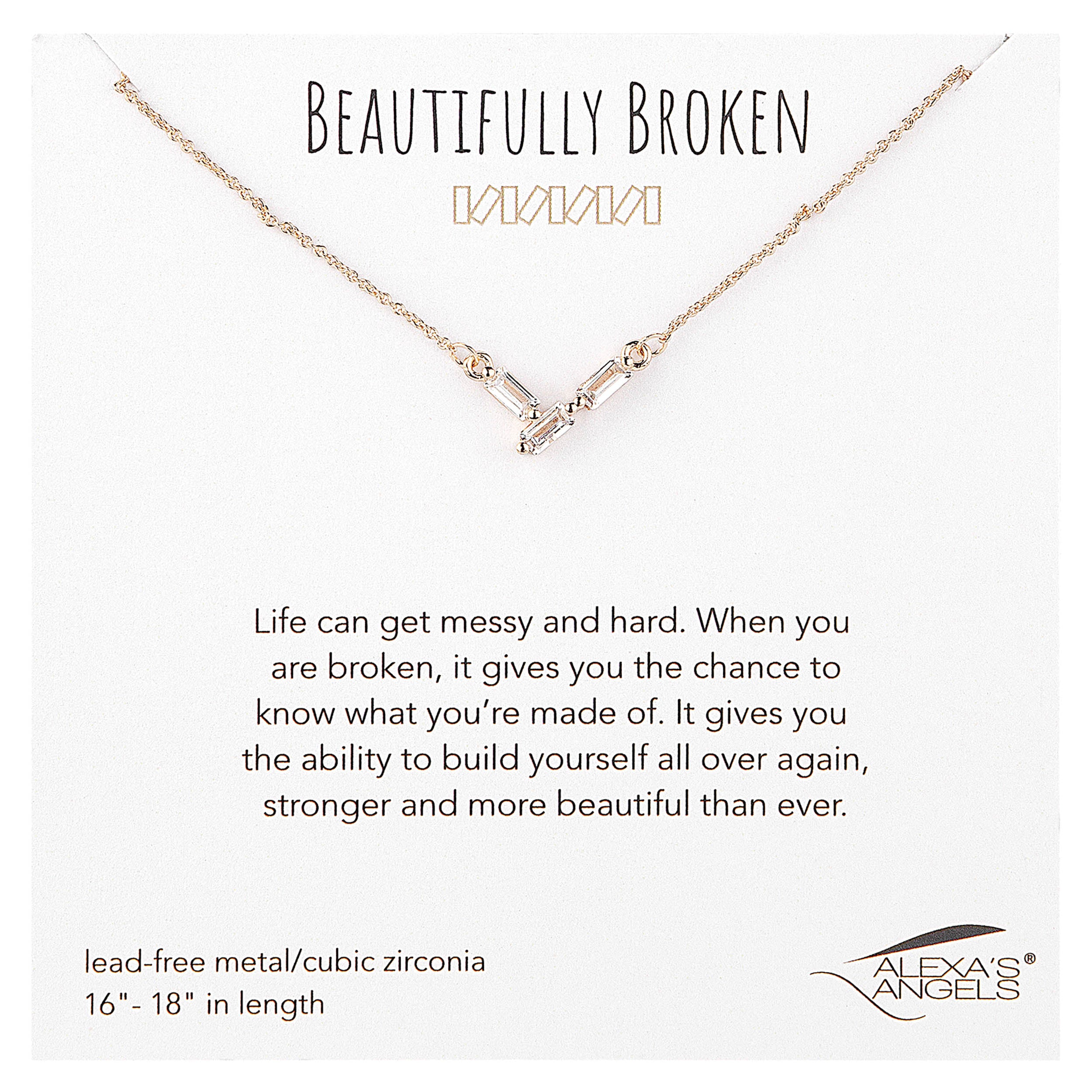Necklace with a message about resilience and self-improvement on a white background
