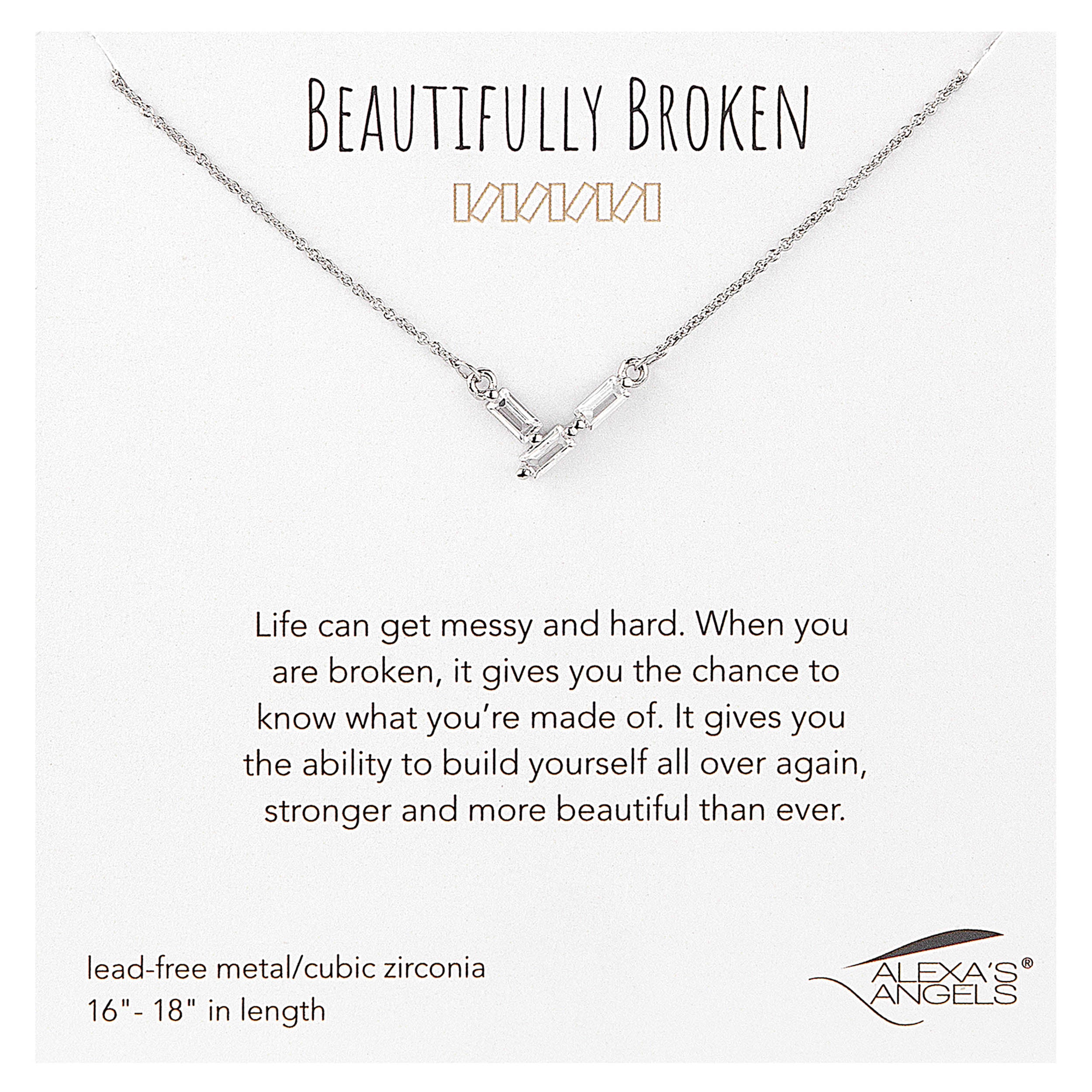 Silver necklace with a message about resilience on a white background