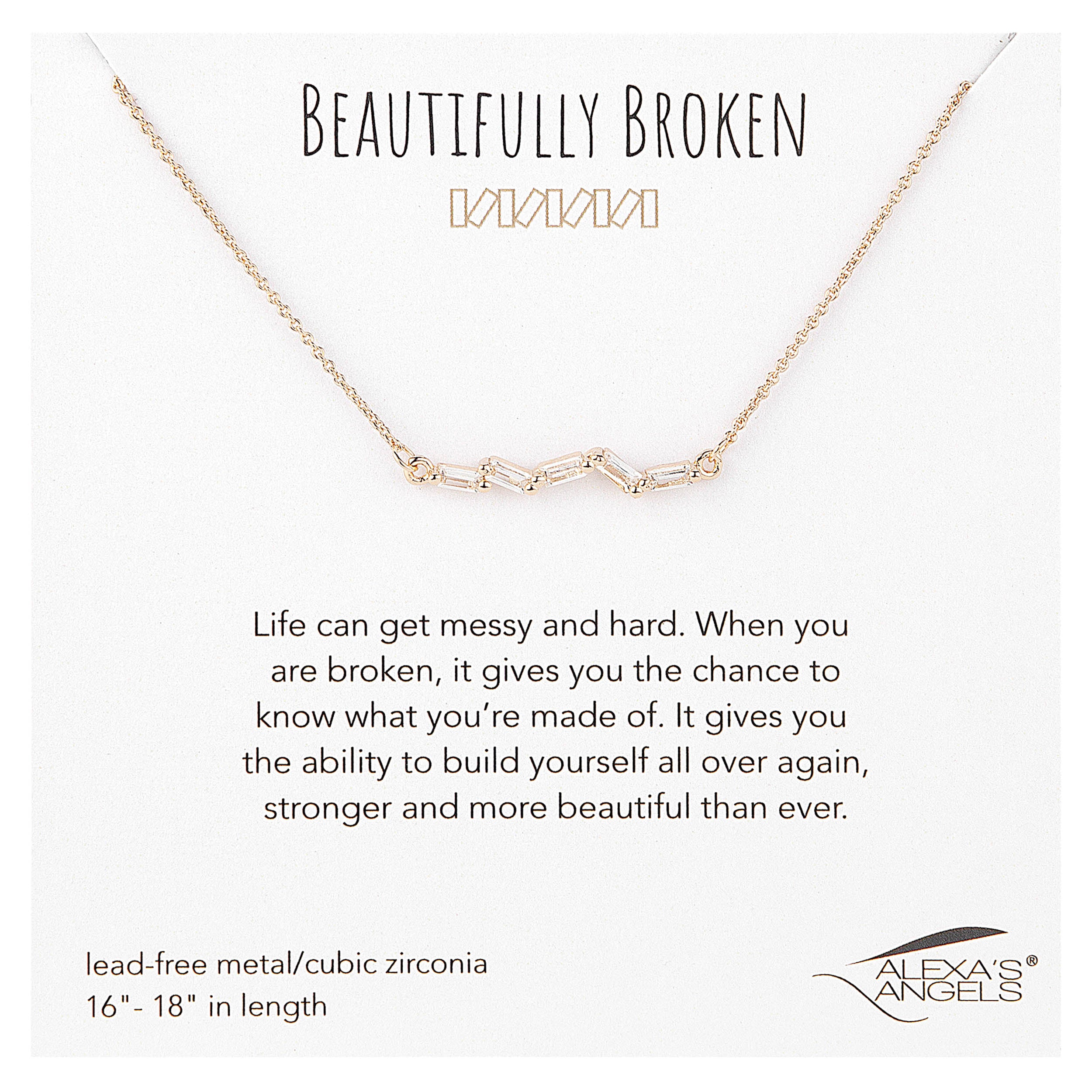 Gold necklace with interlocking rings on a white background, featuring text about resilience and Alex's Angels branding.