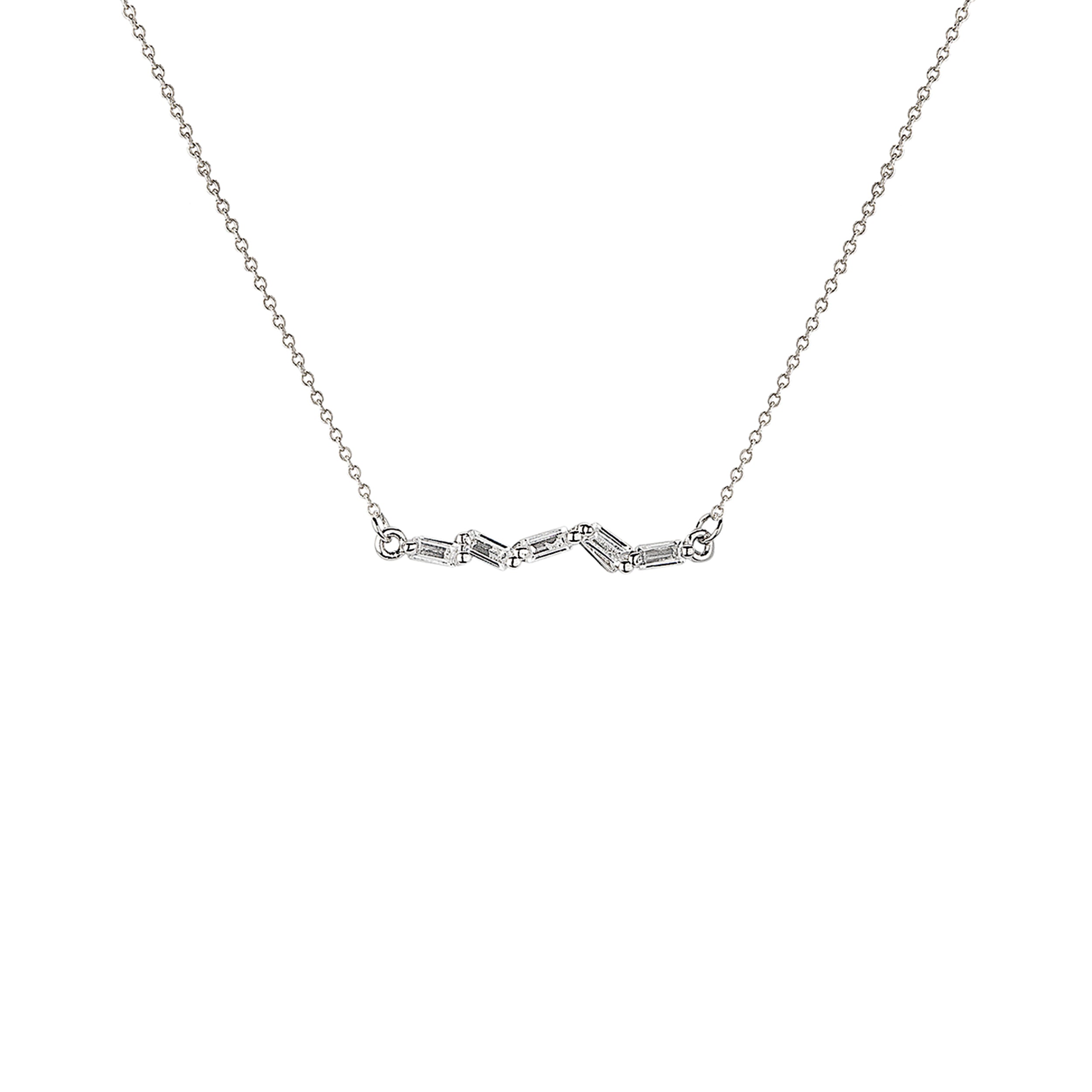 Silver necklace with diamond accents on a white background