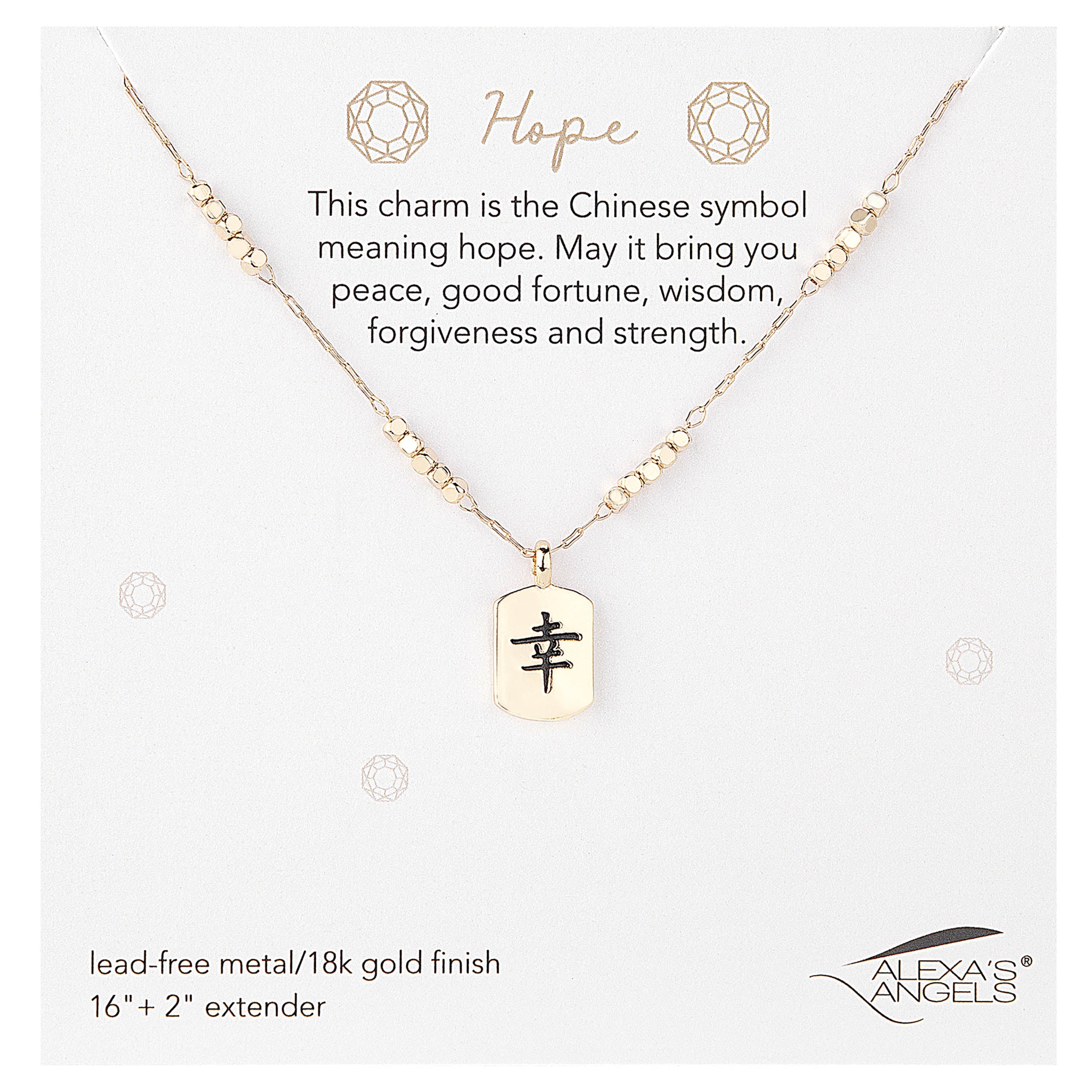 Gold necklace with a pendant on a white card, featuring text about the symbol's meaning.