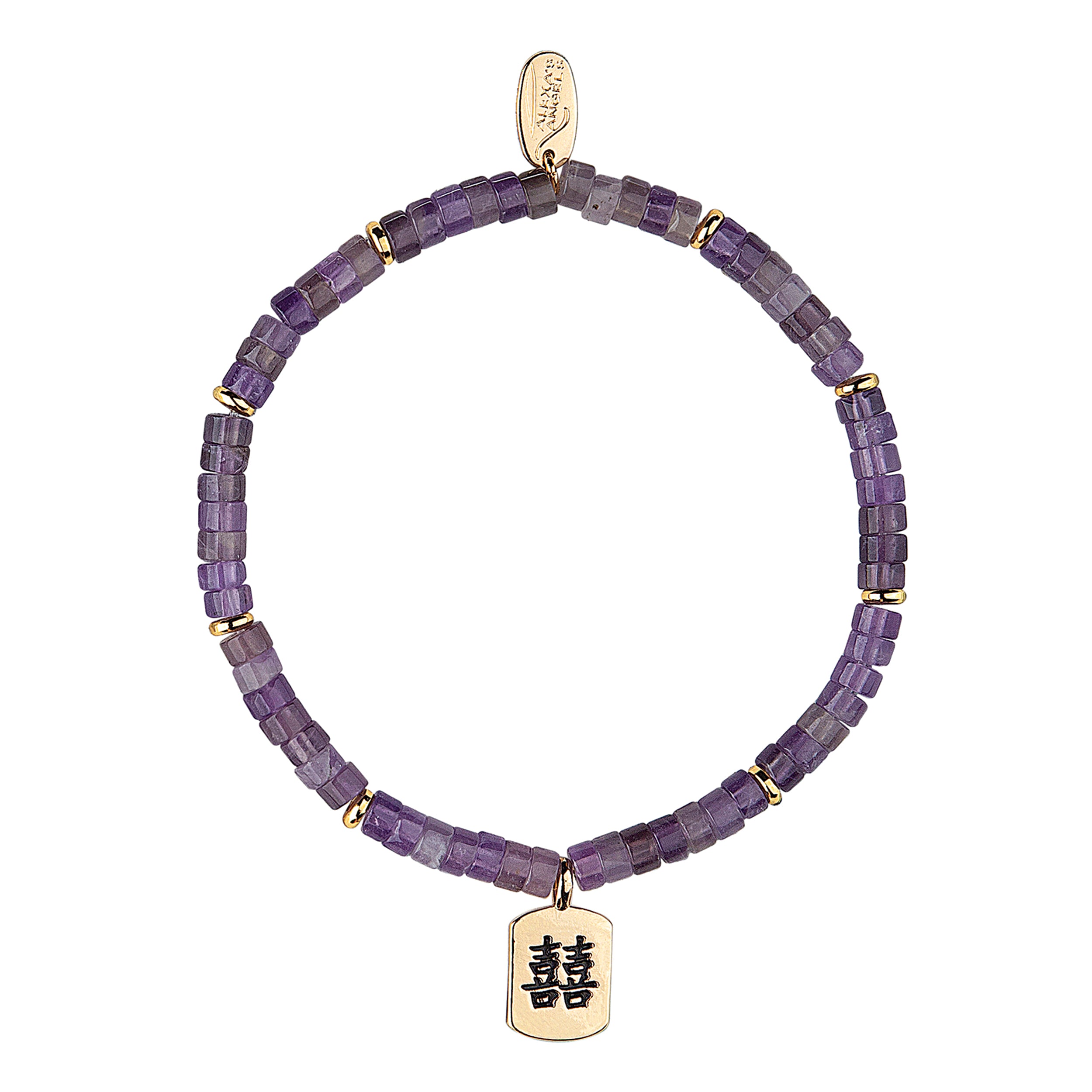 Purple beaded bracelet with gold charm on a white background