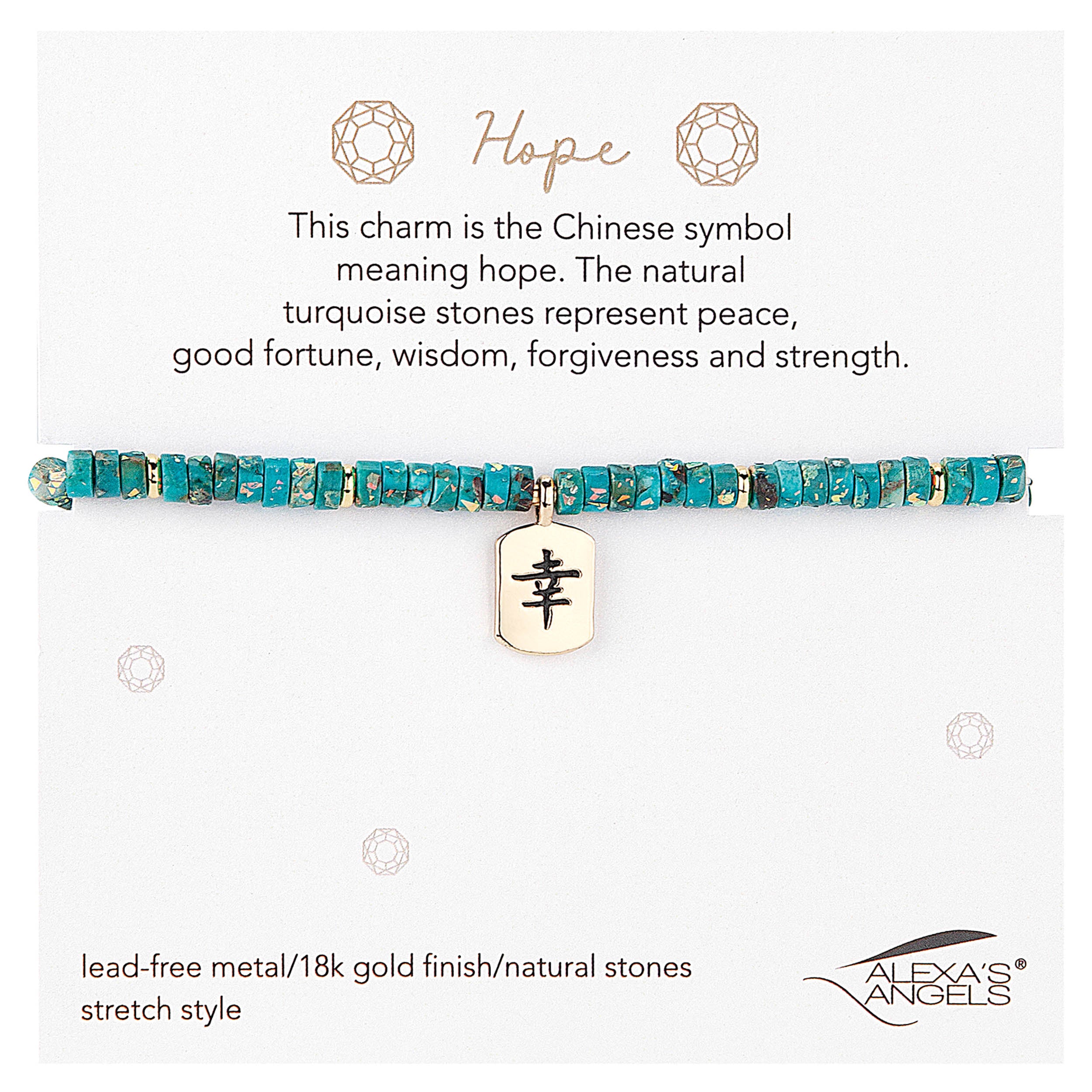 Turquoise beaded bracelet with gold charm on a white background, featuring text about the symbol and stones.