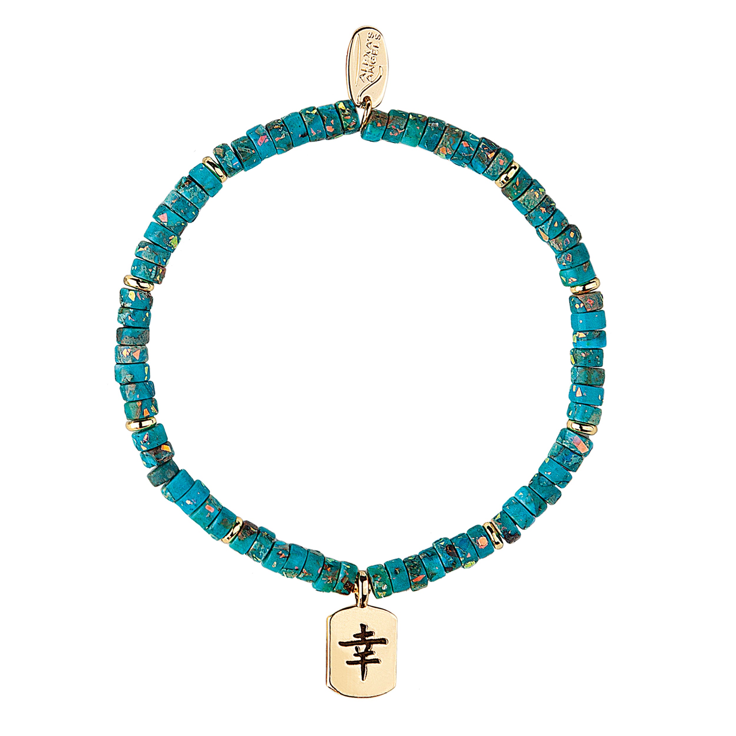 Turquoise beaded bracelet with a gold tag featuring a symbol on a white background
