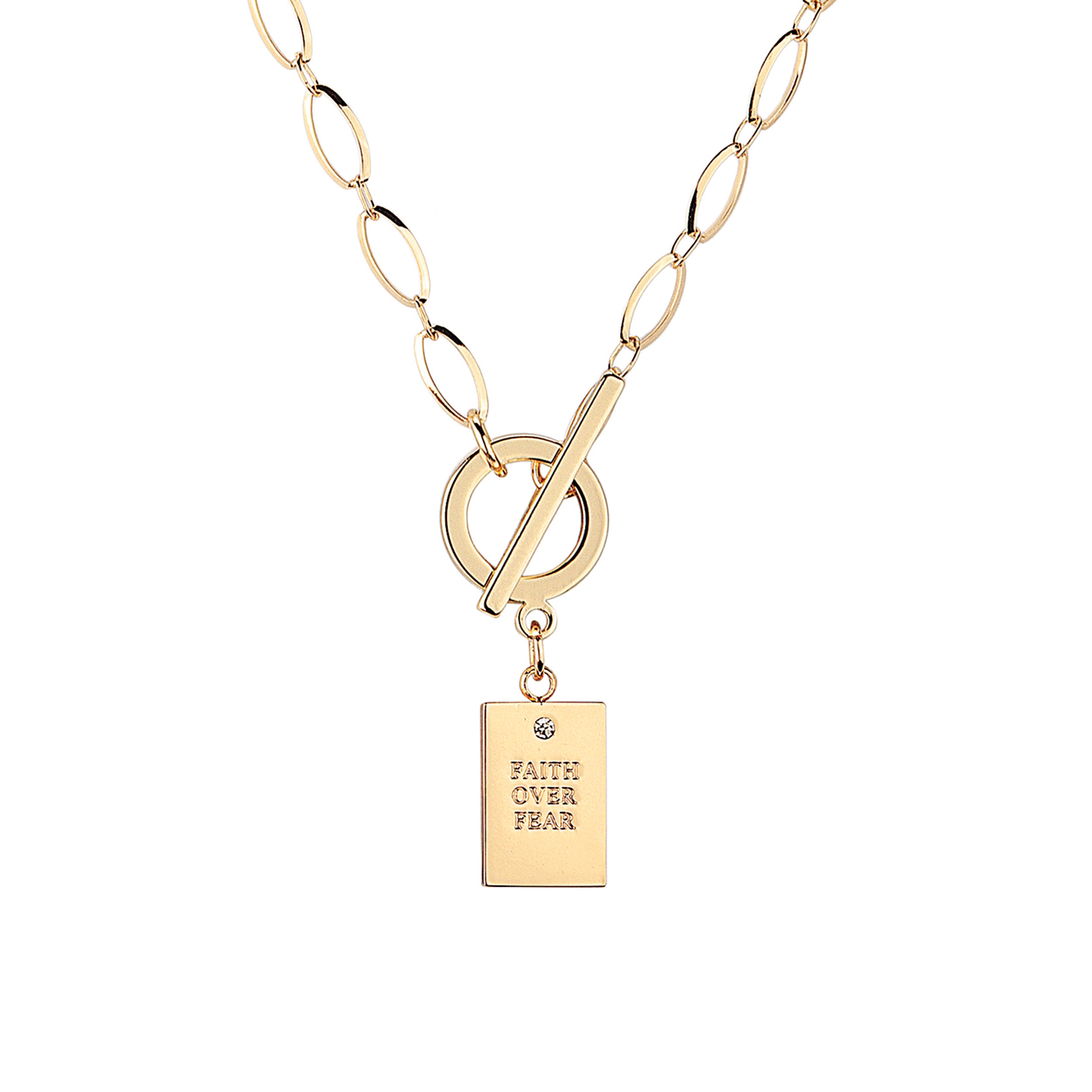 Gold necklace with a tag reading 'Faith Over Fear' on a white background