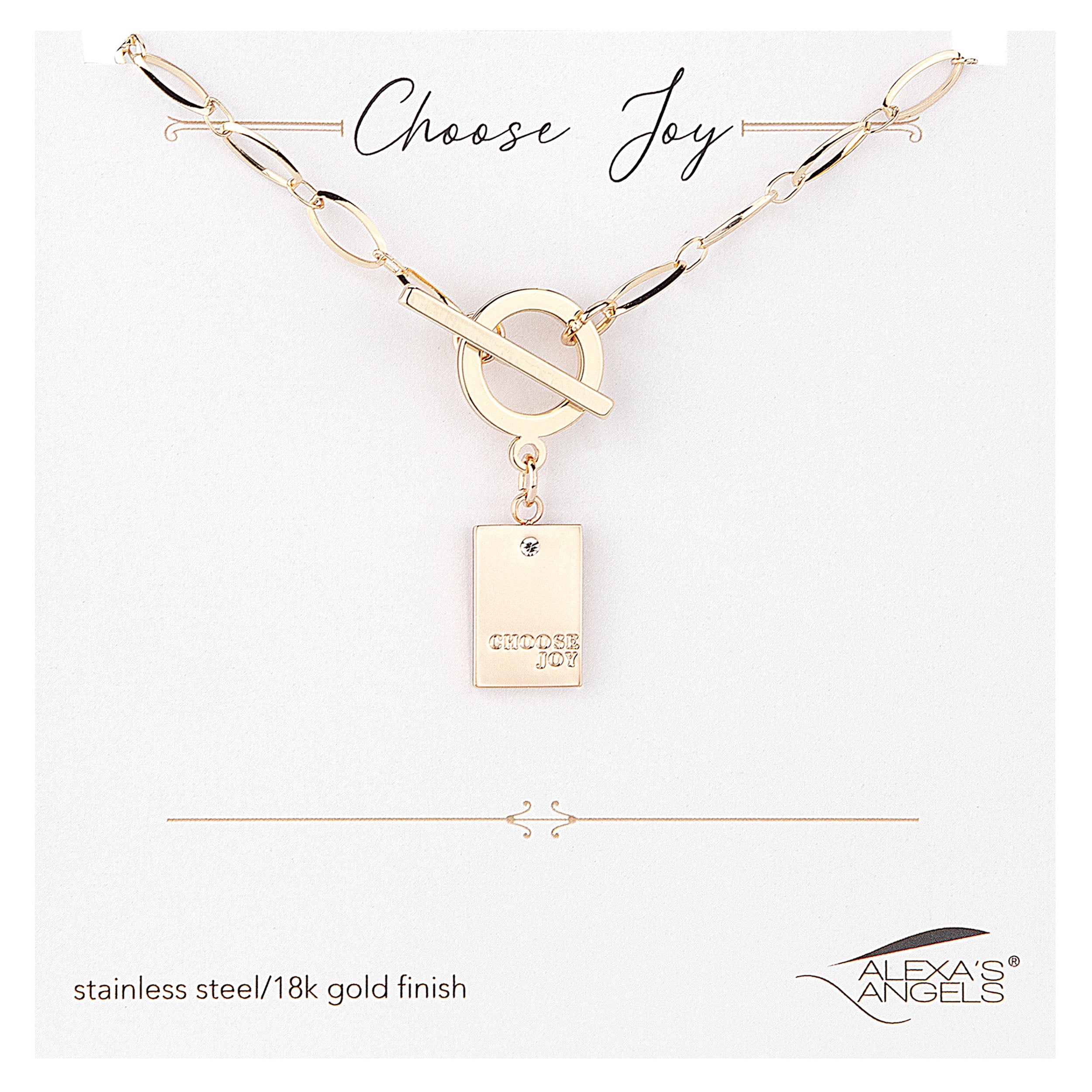 Gold necklace with pendant on a white background, featuring 'Choose Joy' text and Alexa's Angels logo.