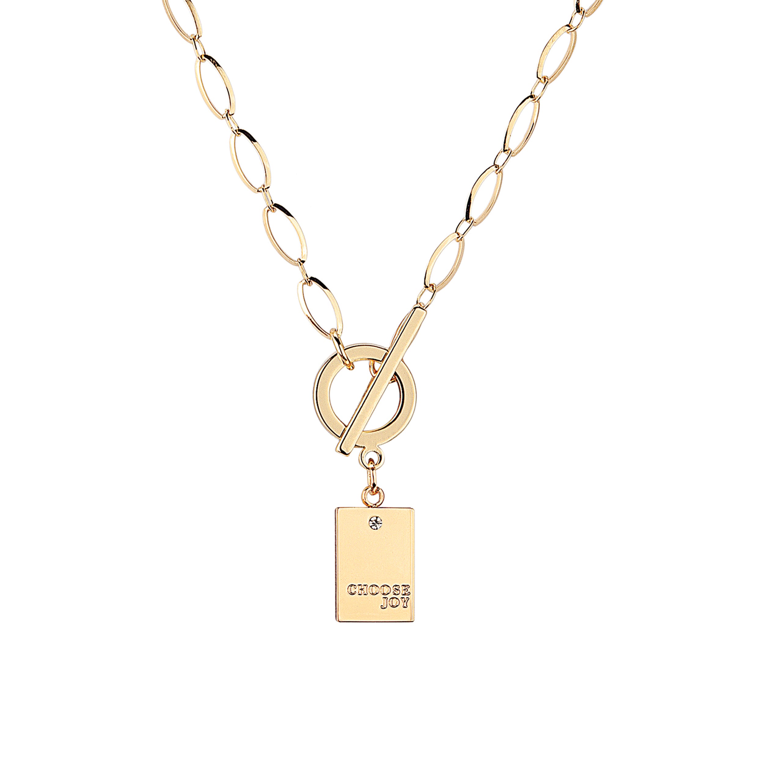 Gold necklace with a circular pendant and square tag on a white background