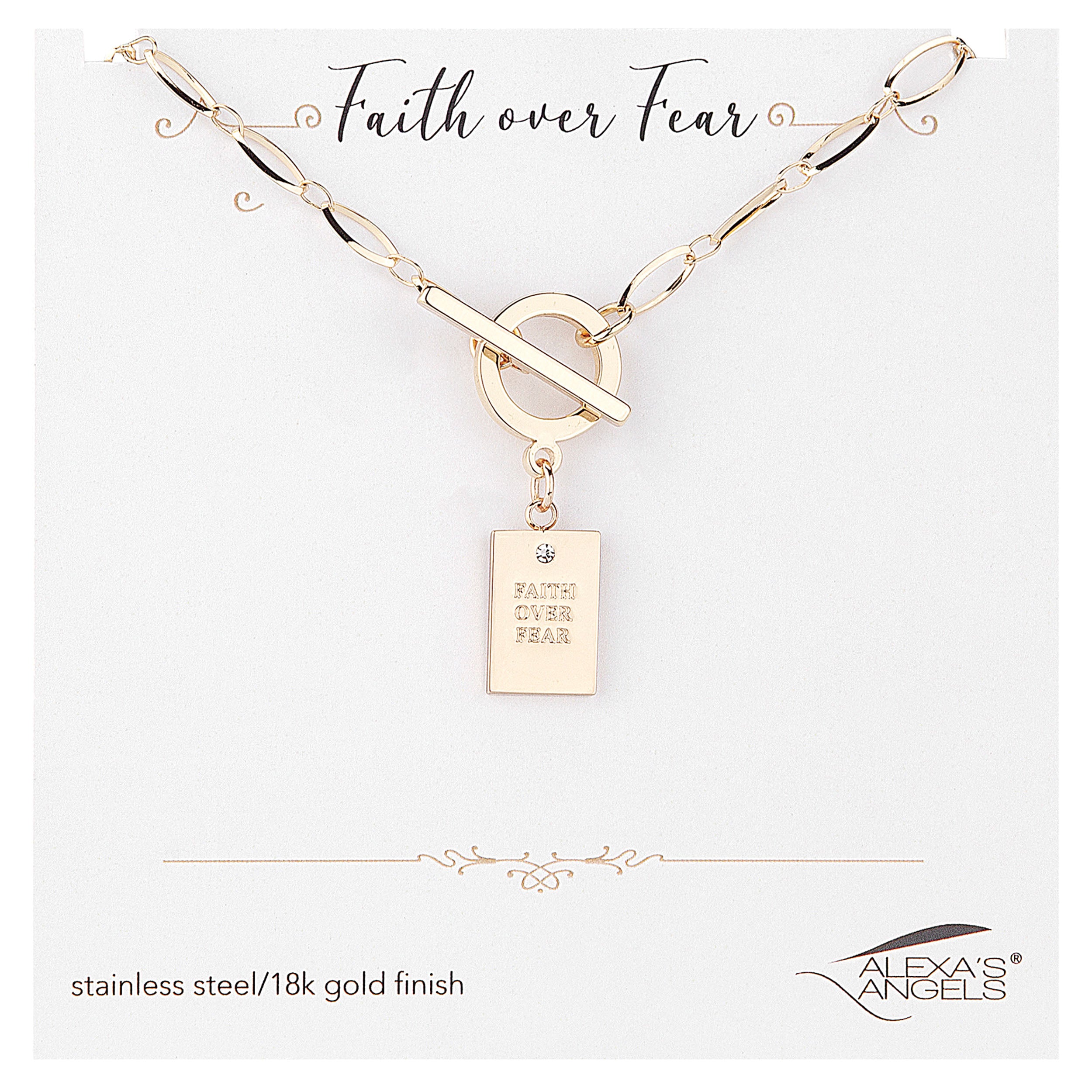 Gold necklace with 'Faith over Fear' pendant on a white background