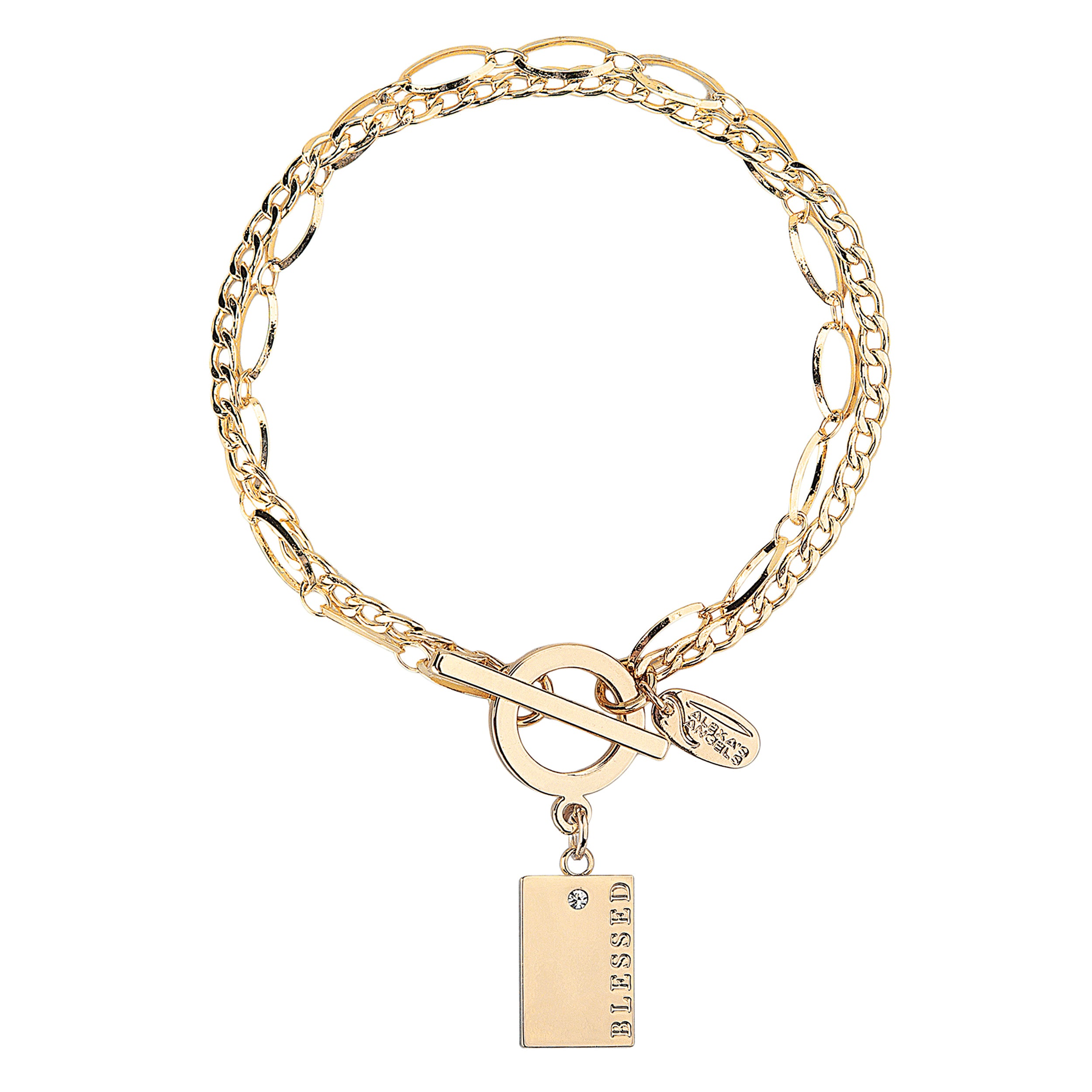 Gold chain bracelet with a 'Blessed' tag charm on a white background