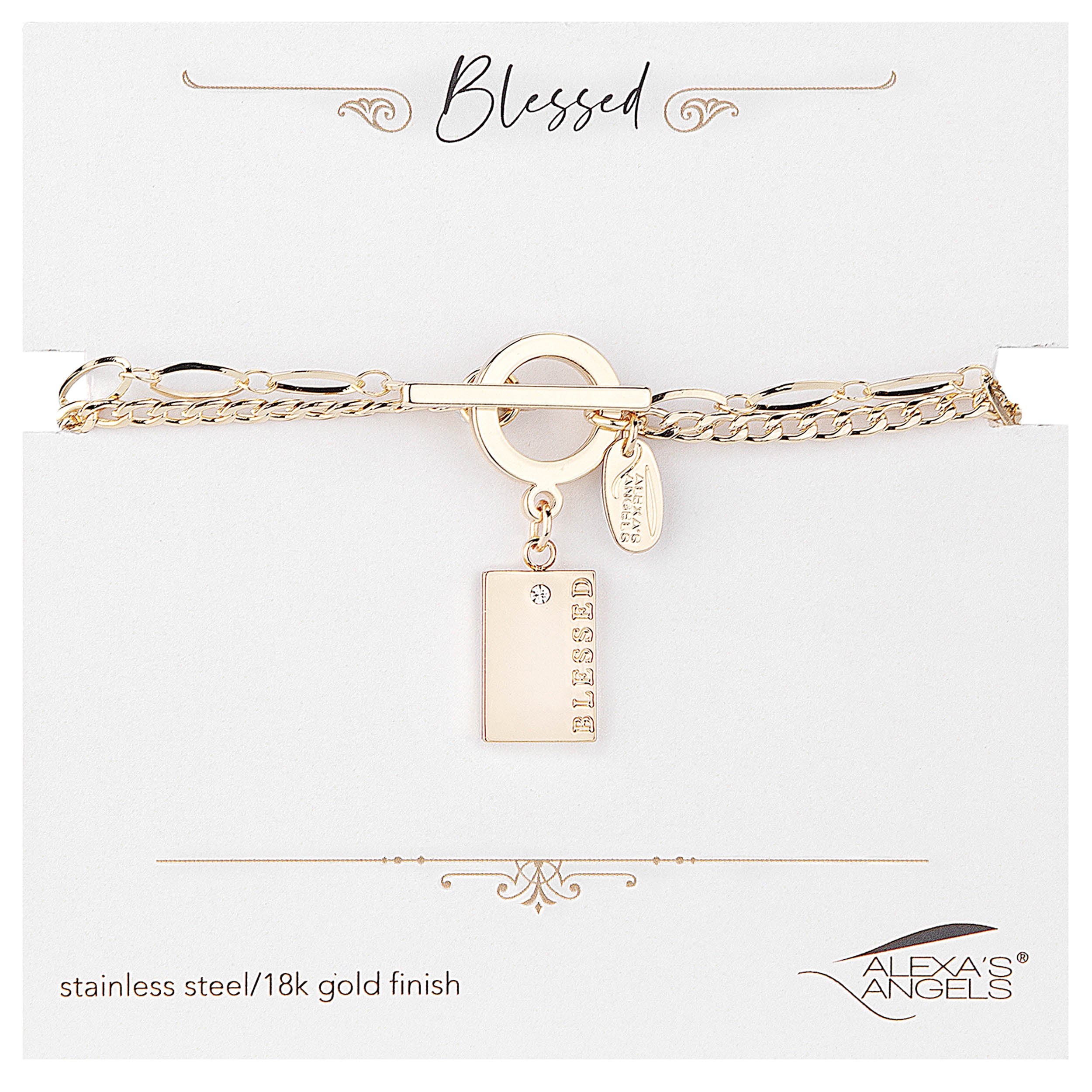 Gold bracelet with 'blessed' tag on a white card with 'Alexa's Angels' branding.