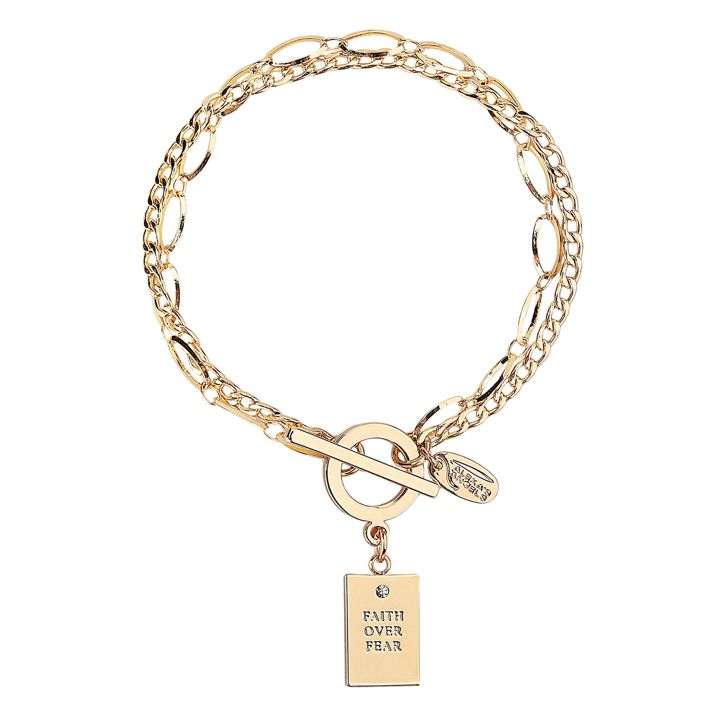Gold bracelet with 'Faith Over Fear' tag on a white background