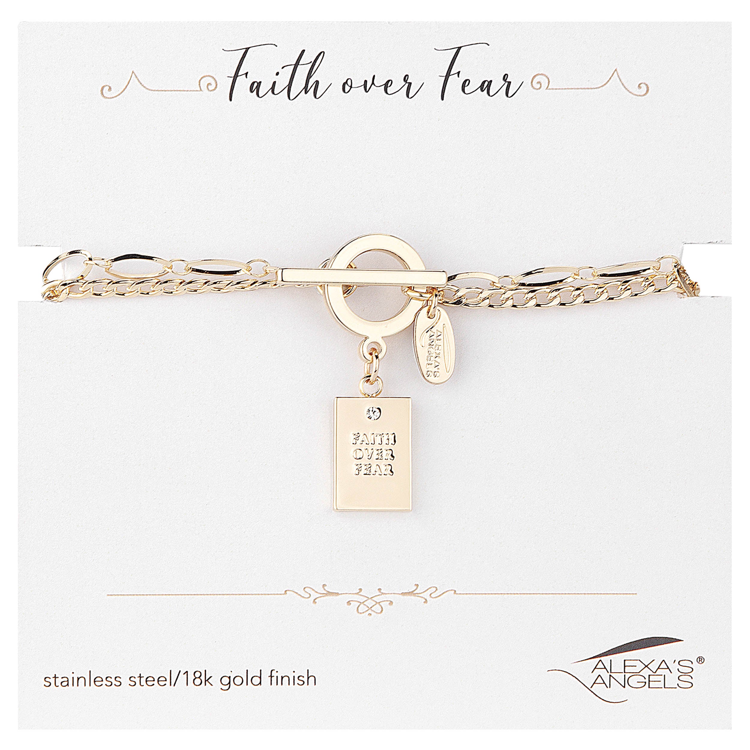 Gold bracelet with 'Faith over Fear' tag on a white card, featuring Alexa's Angels brand.
