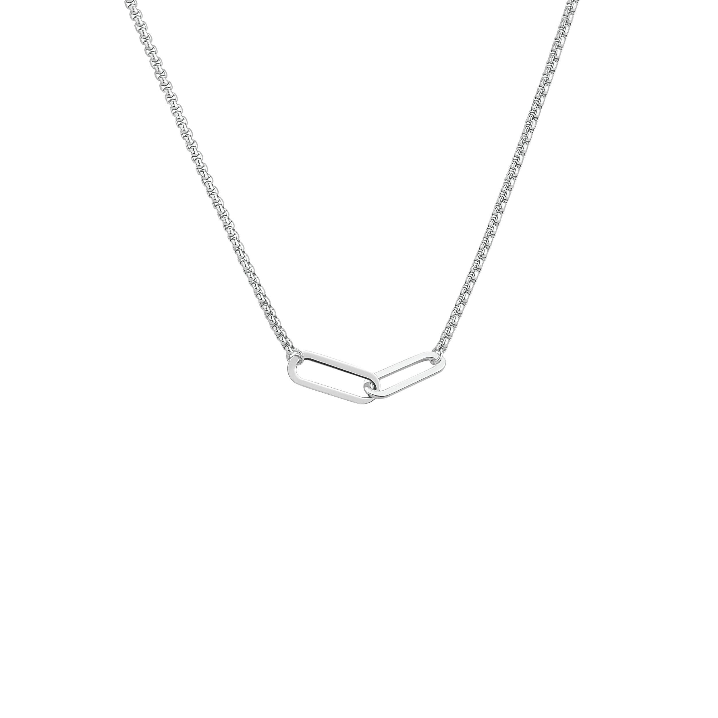 Silver necklace with a unique clasp design on a white background