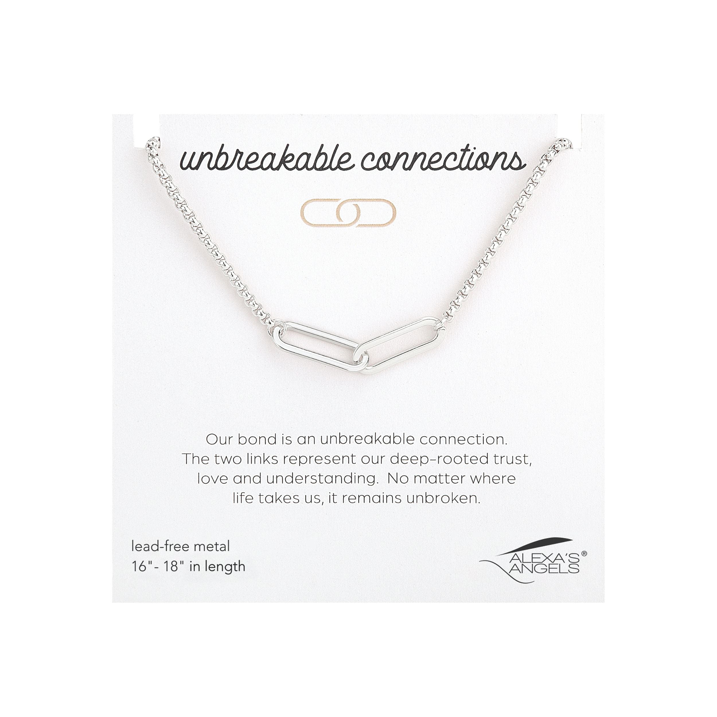 Silver necklace with a bar pendant on a white background, featuring 'unbreakable connections' text.