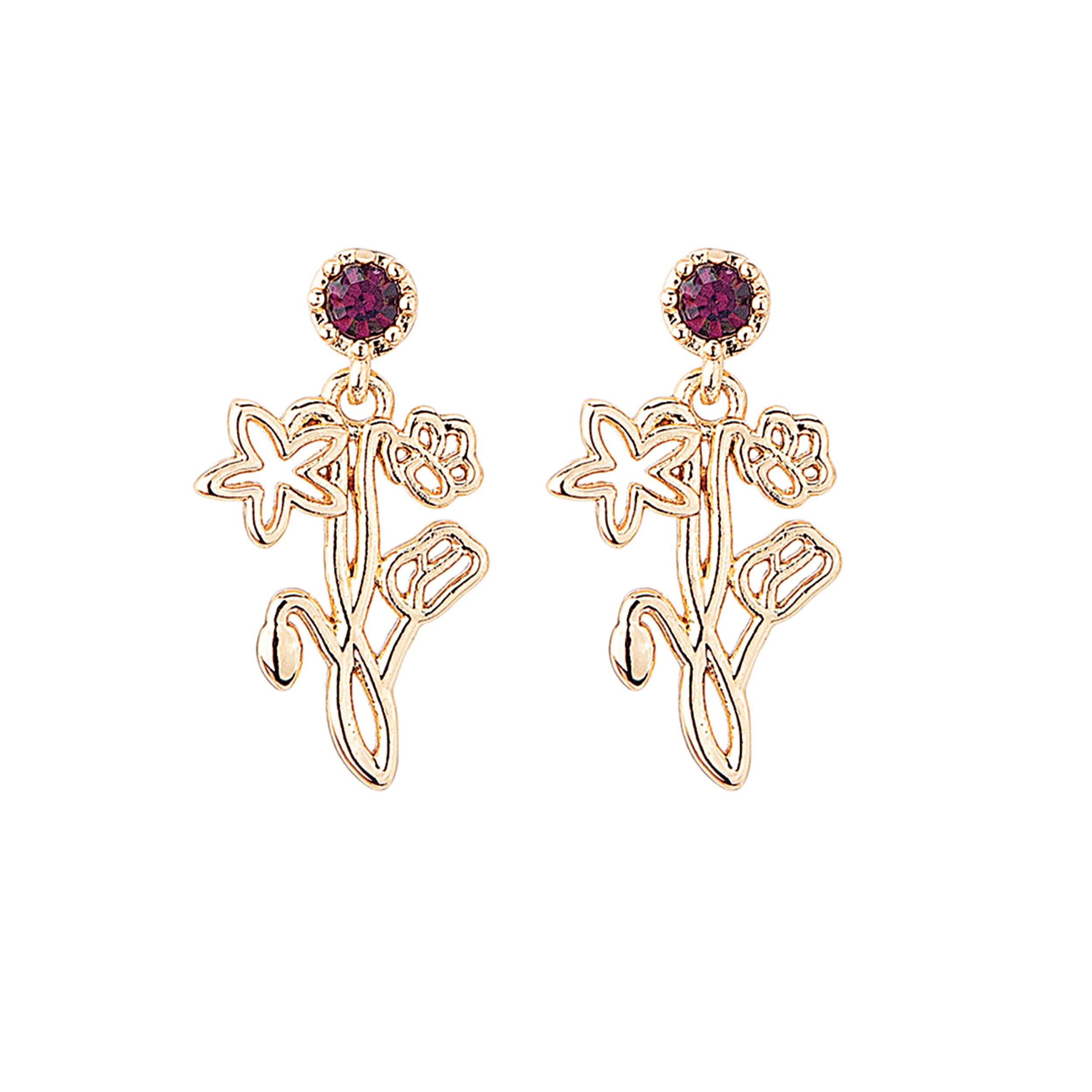 Rose gold floral earrings with red gemstones on a white background