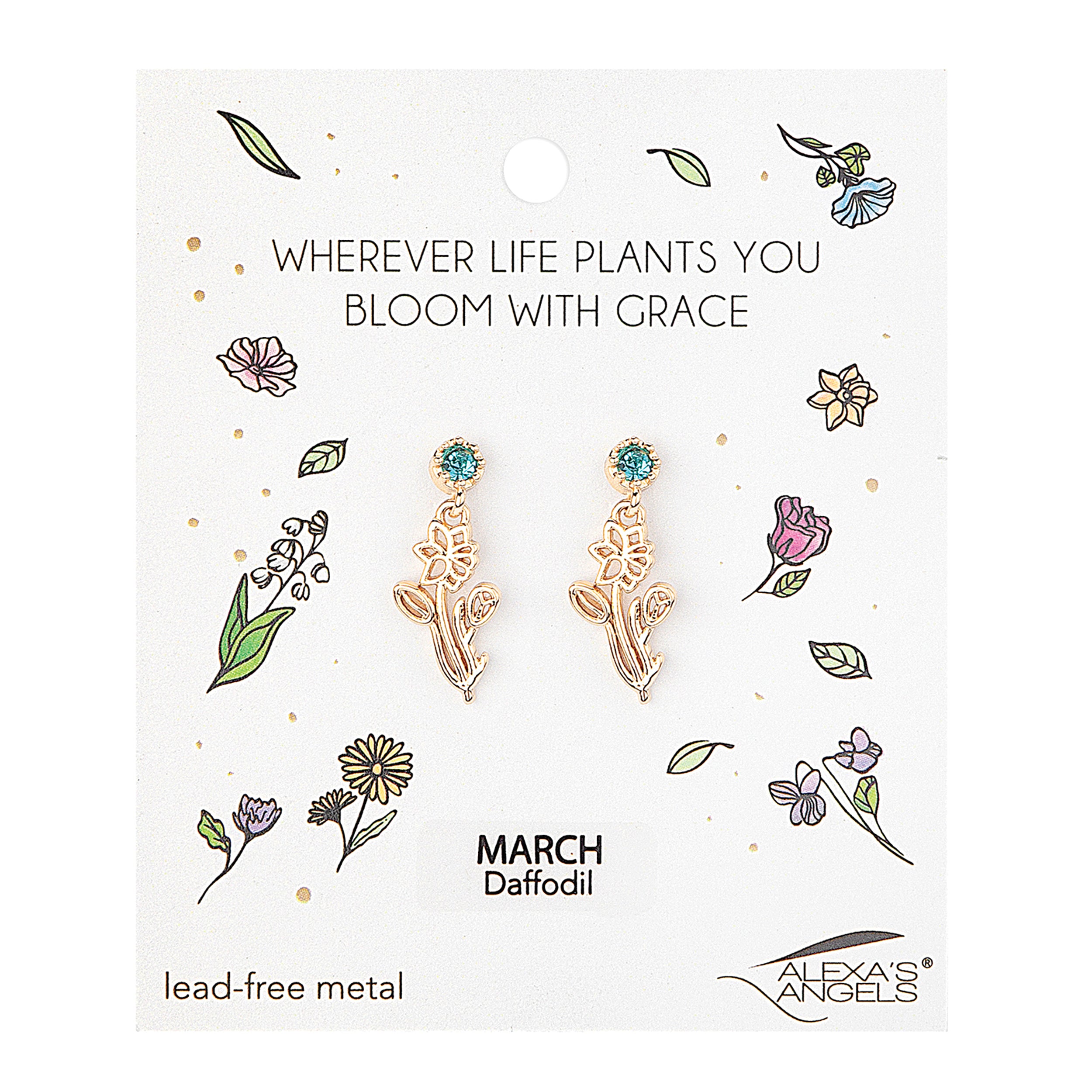 Earring packaging with floral designs and text on a white background
