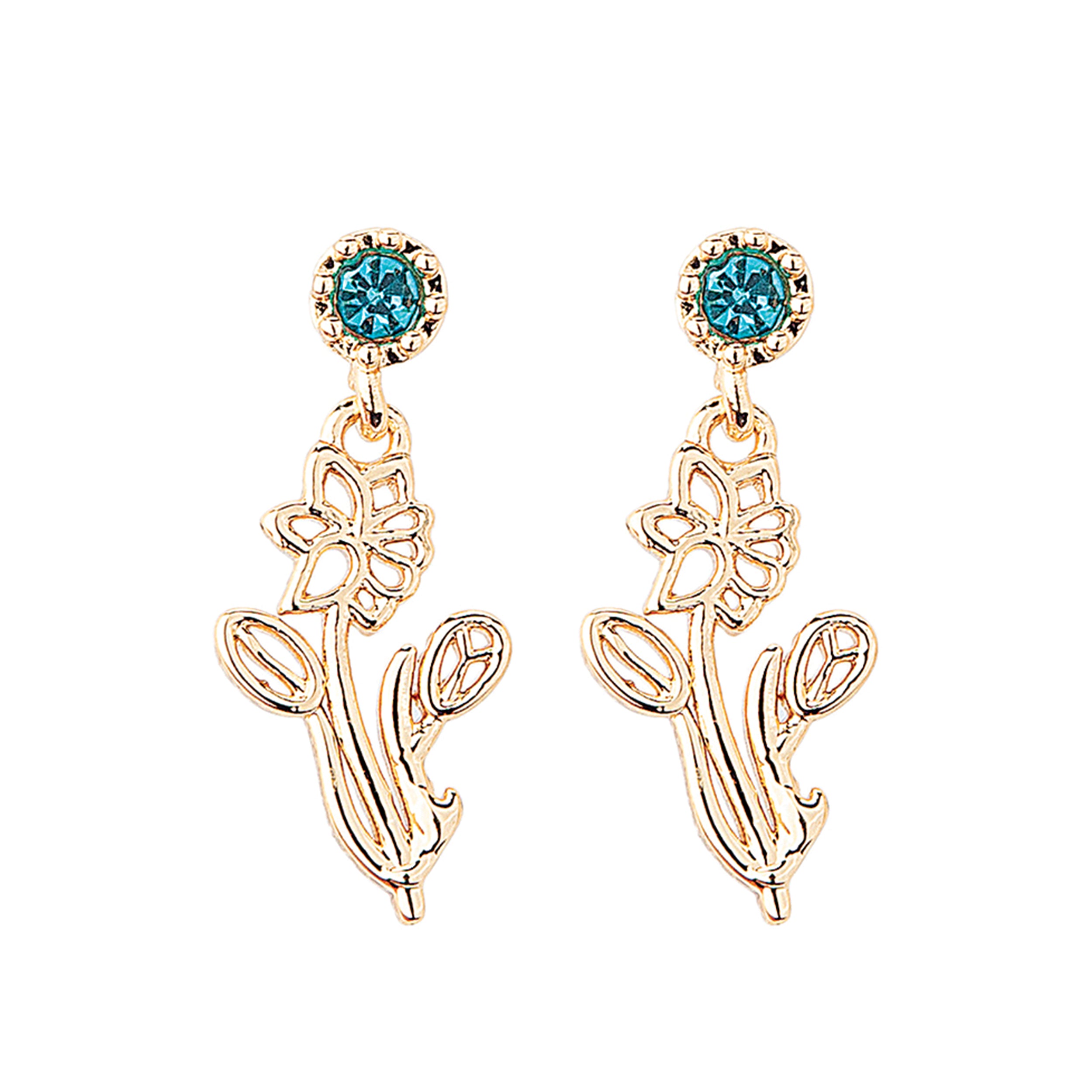 Pair of gold earrings with blue gemstones on a white background