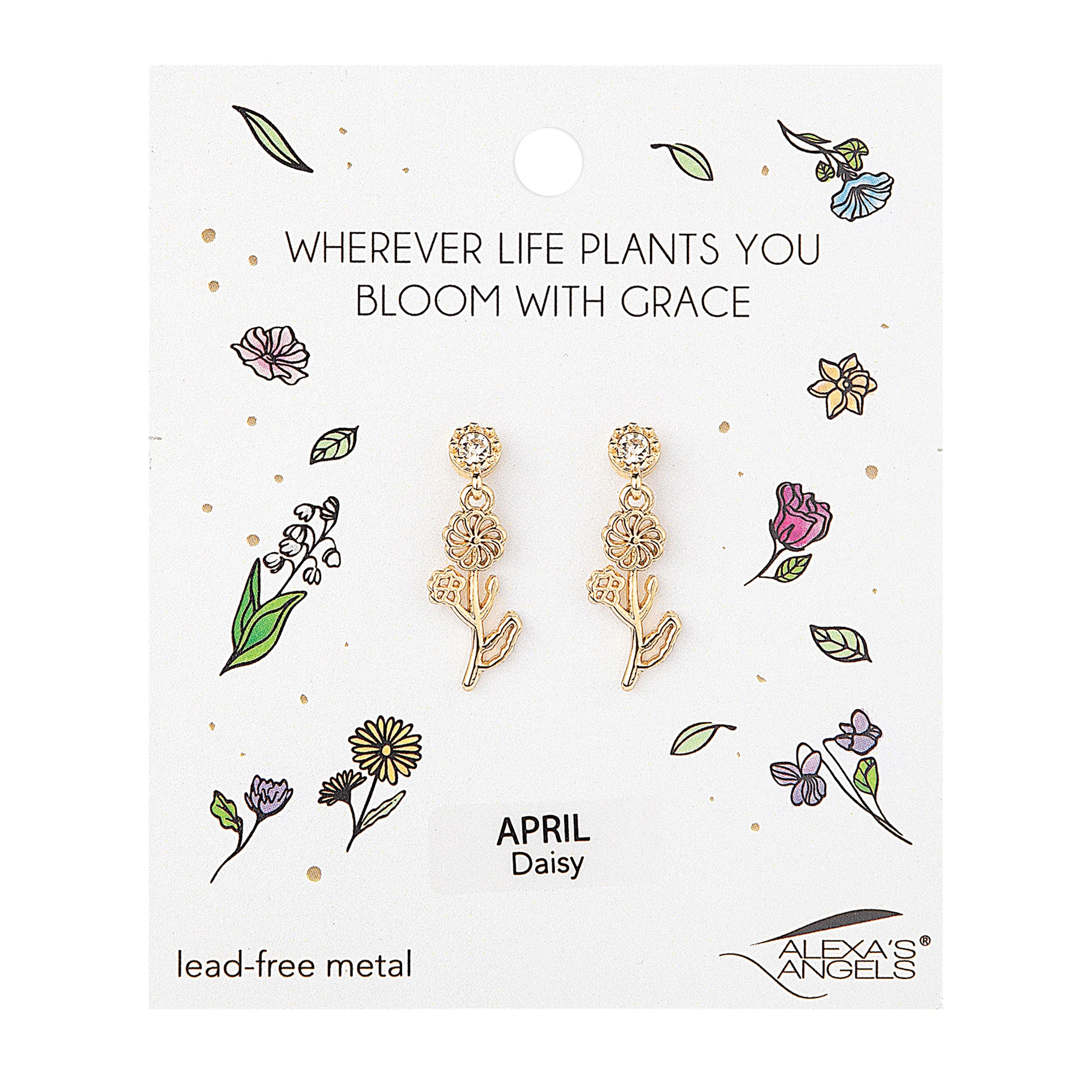 Pair of gold floral earrings on a white card with decorative elements and text.