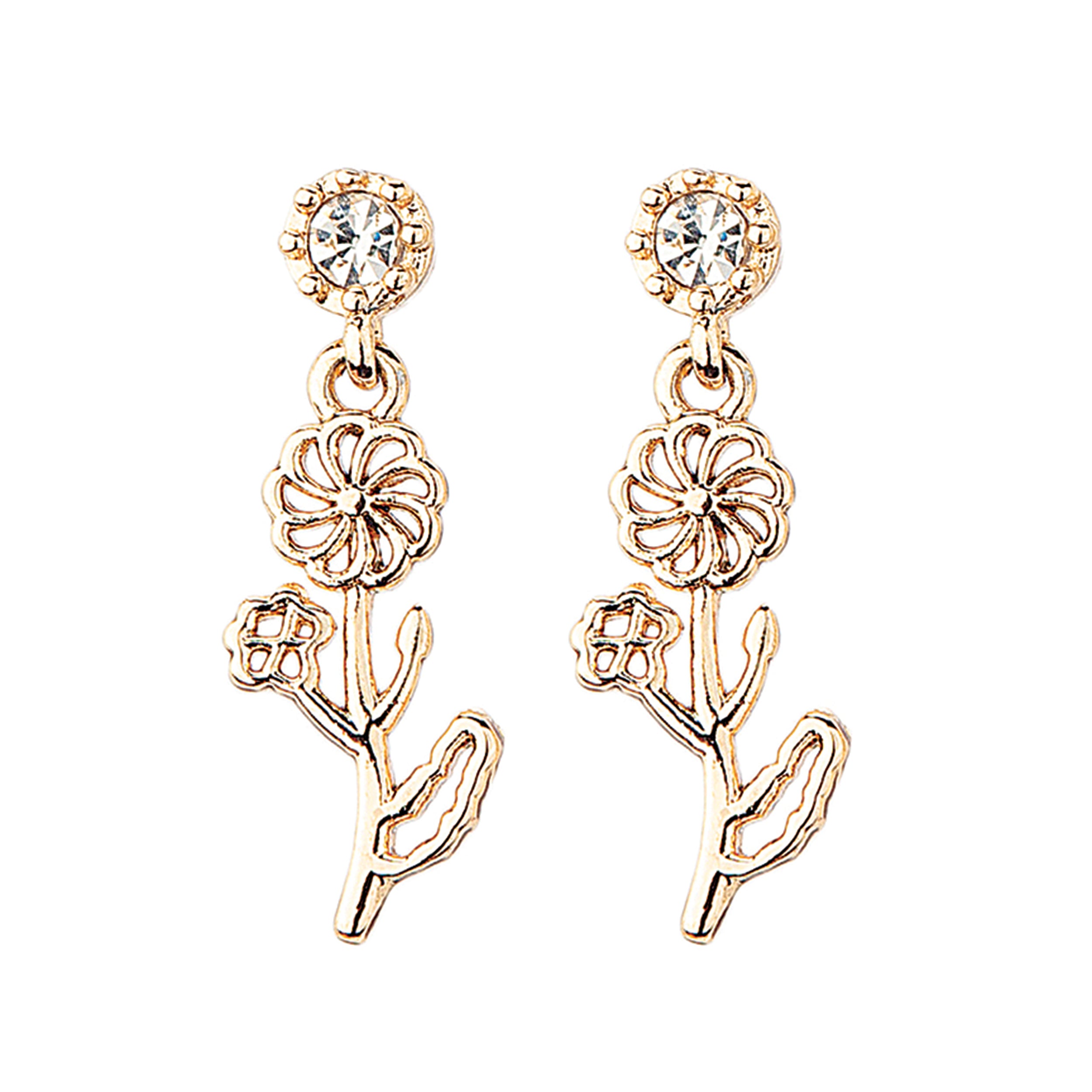 Rose gold floral earrings with clear gemstones on a white background
