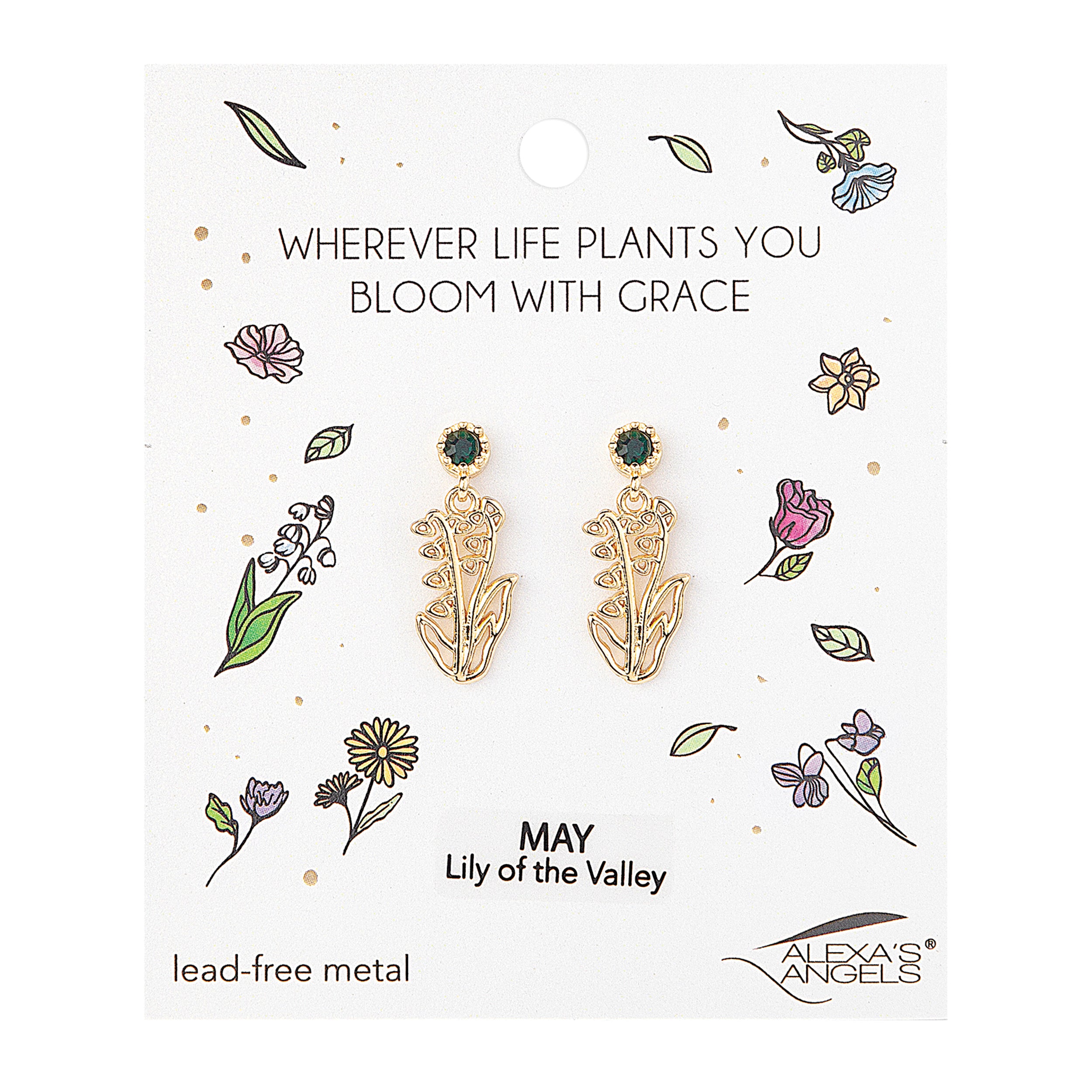 Earring set with floral design on a branded card, featuring the brand 'Alexa's Angels'.