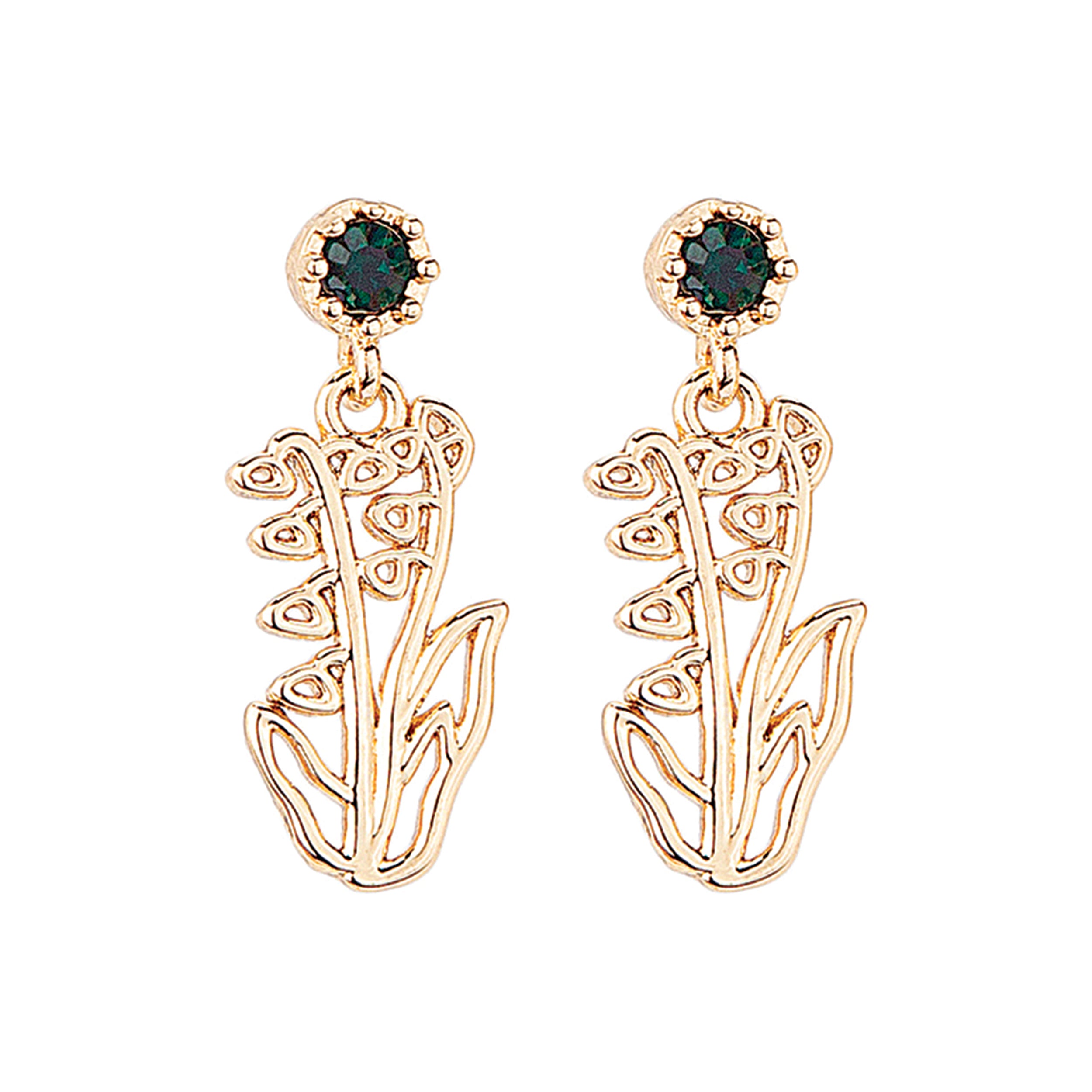 Rose gold floral earrings with green gemstones on a white background